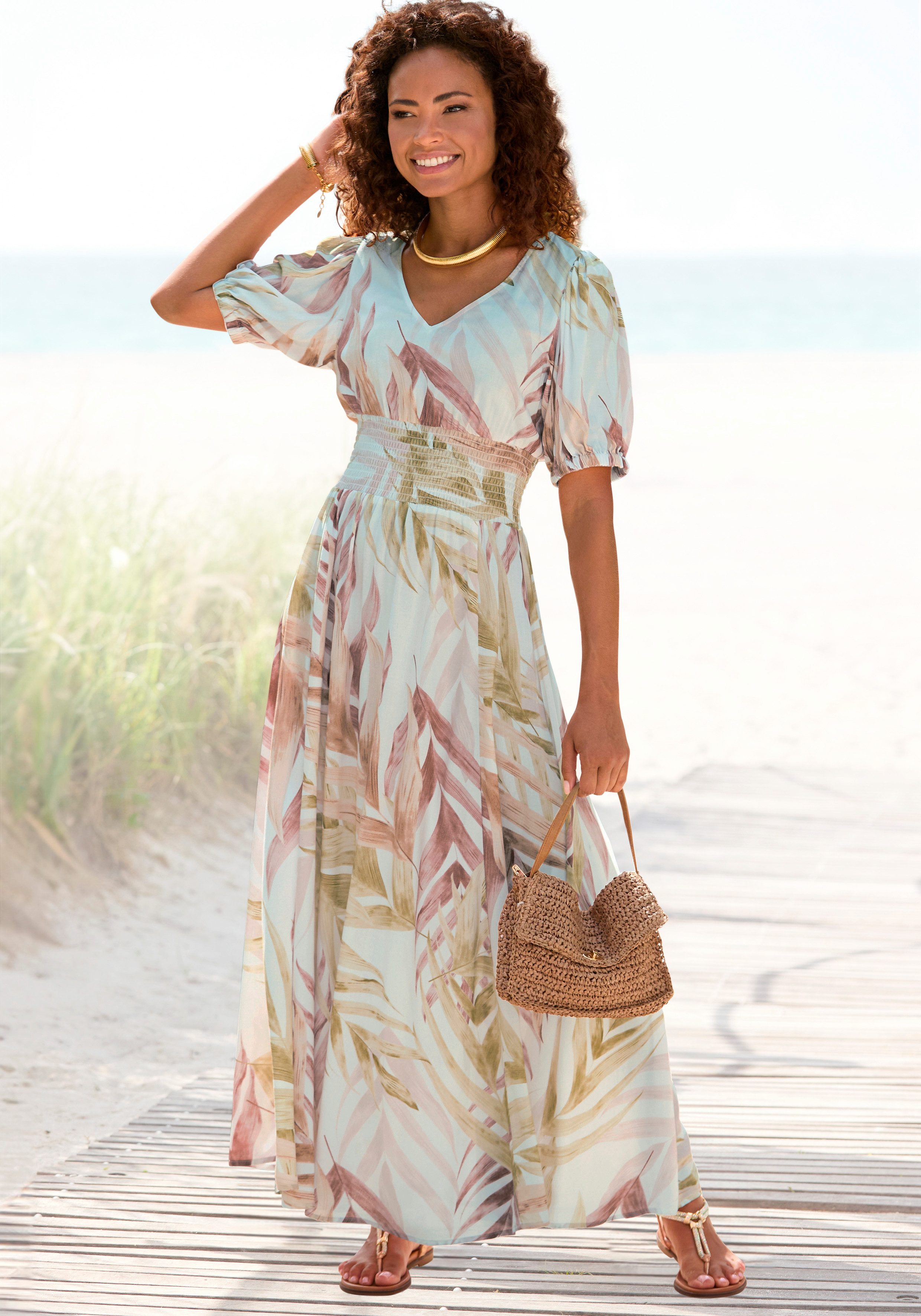 Lascana Maxi-jurk met alloverprint en gerimpelde taille, luchtige zomerjurk