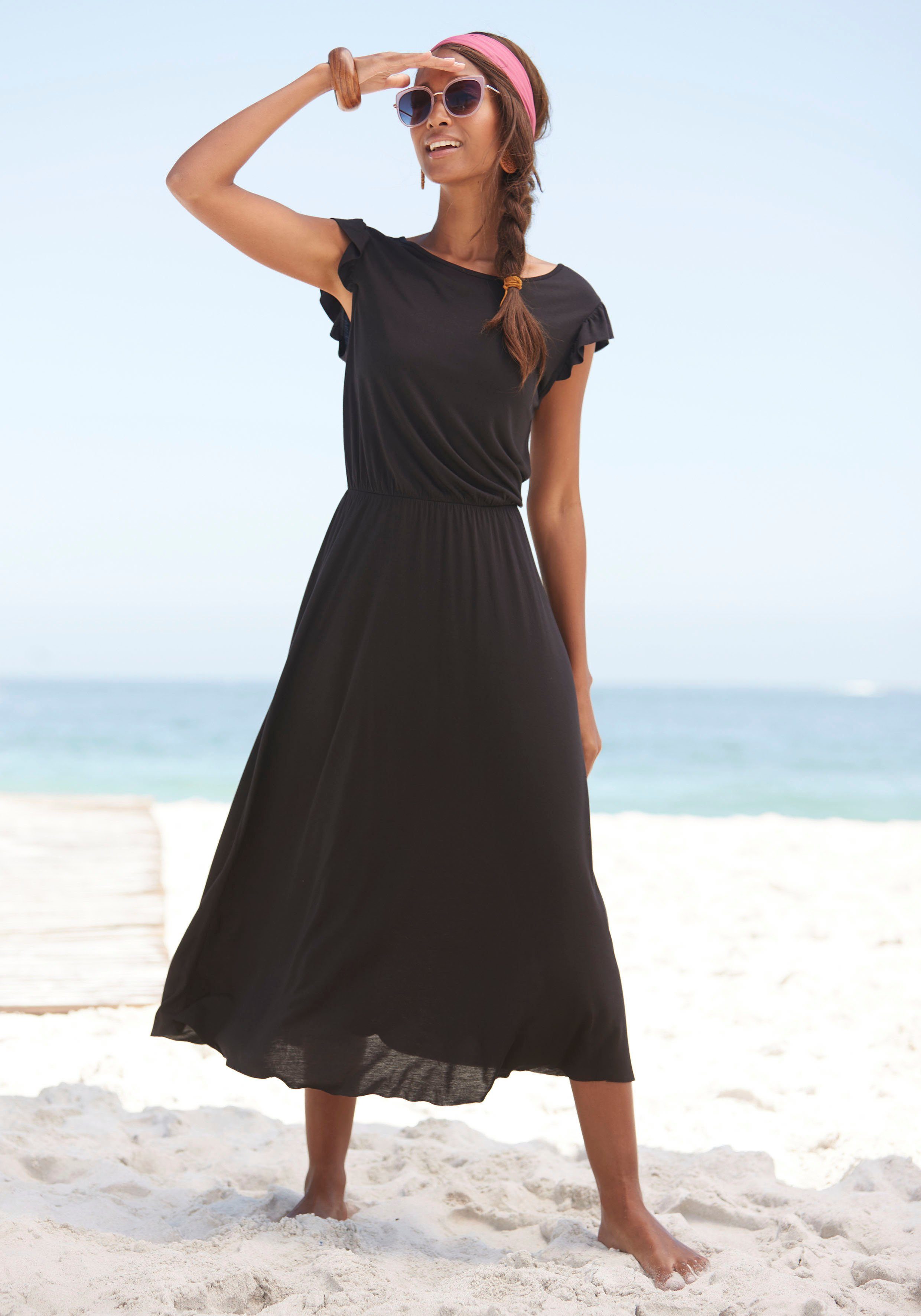 Beachtime Midi-jurk van viscose-jersey, zomerjurk met korte mouwen, strandjurk, basis