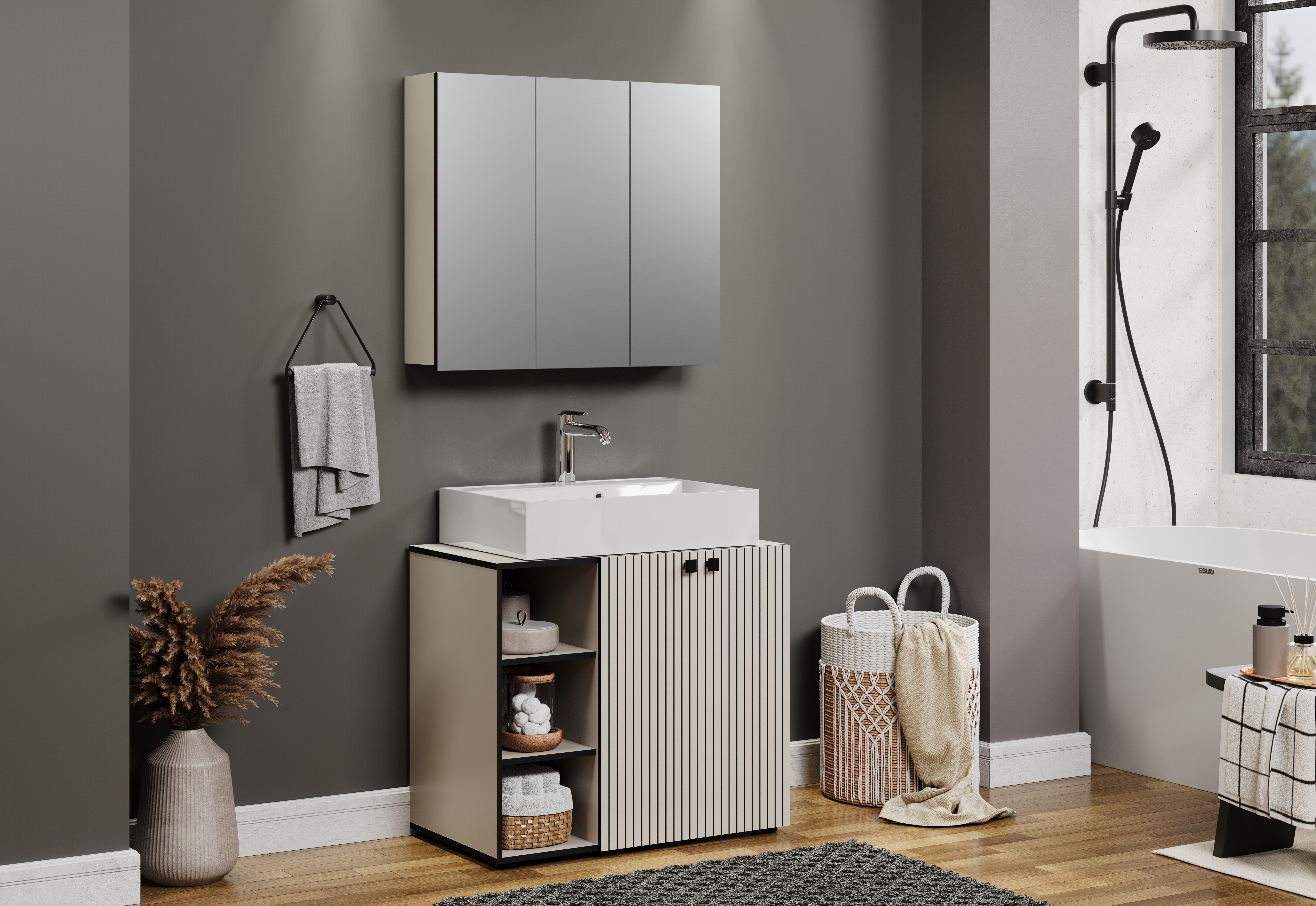 welltime Wastafelonderkast Amrum BxHxD 80 x 64 x 42 cm wastafelonderkast eiken rillen-look (1 stuk)