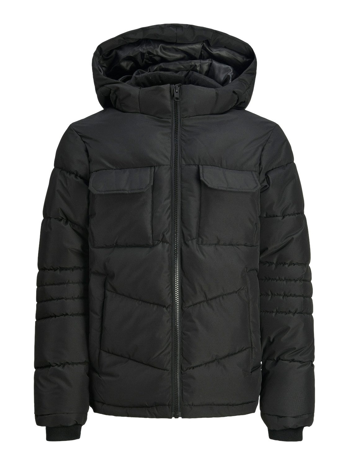 Jack & jones JUNIOR gewatteerde jas zwart Jongens Polyester Capuchon Effen 128