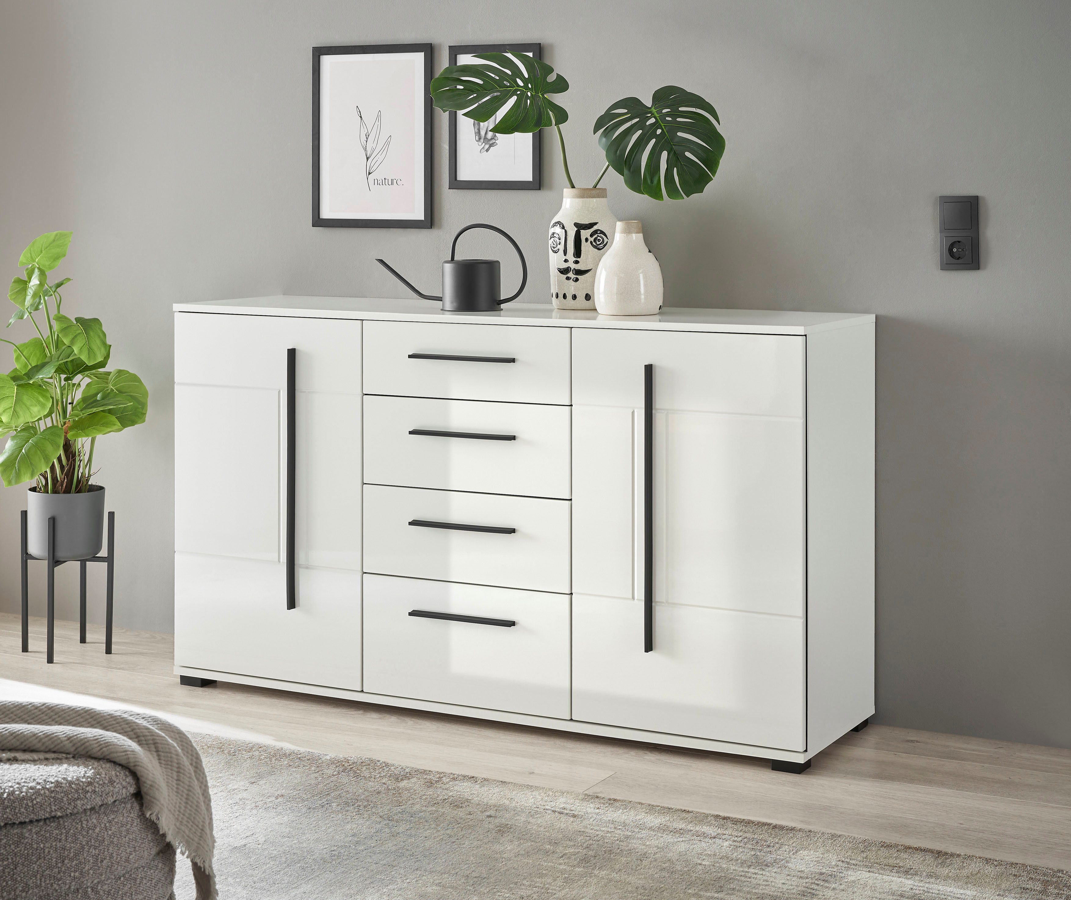 INOSIGN Dressoir Cantara, moderne kast, commode in Eiken Evoke of wit zwarte stanggreep, voldoende opbergruimte, veelzijdig inzetbaar