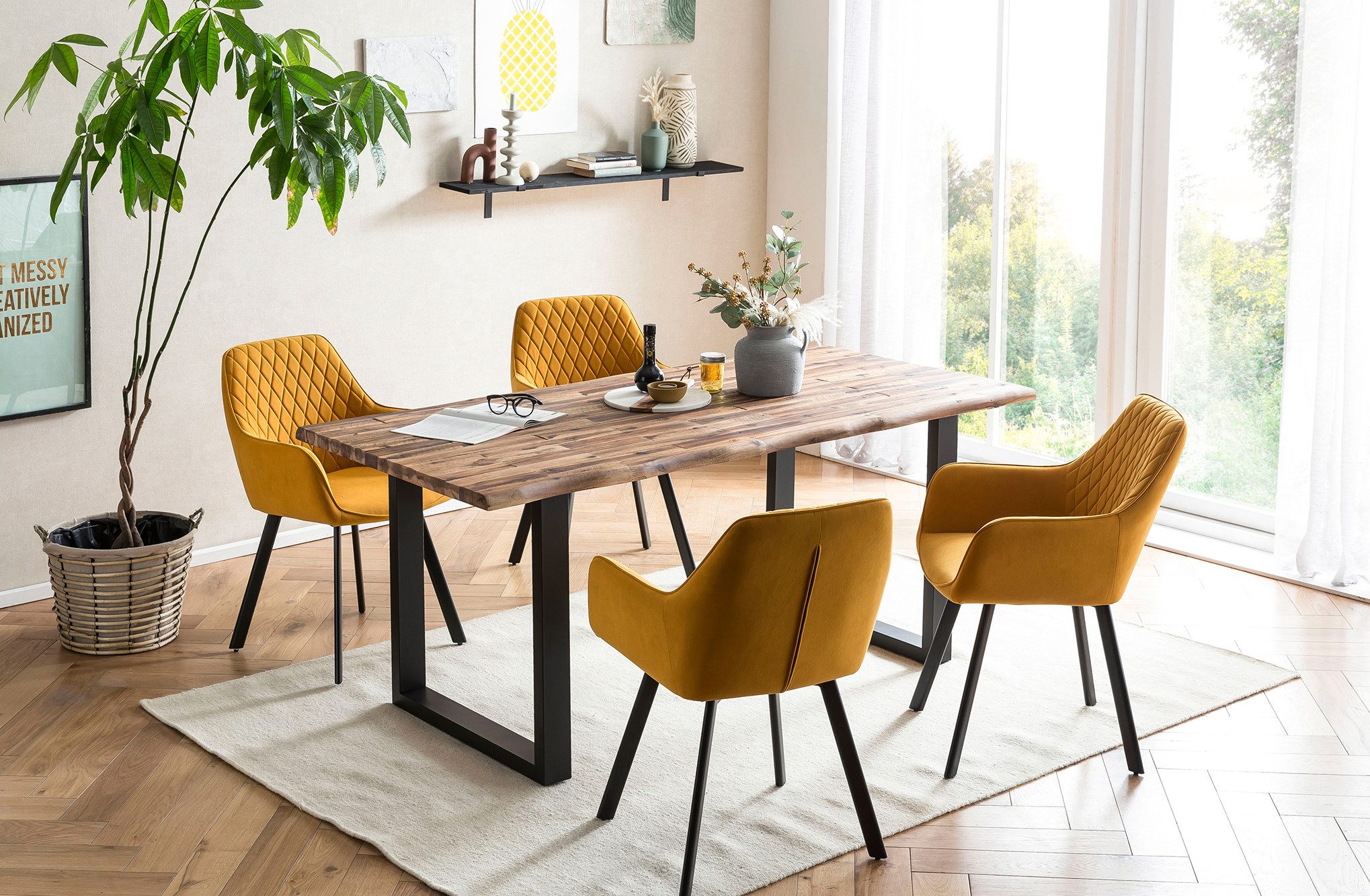 SalesFever Eethoek Tafelblad met ruwe balkoppervlak, rug met ruitstepping (set, 5-delig)