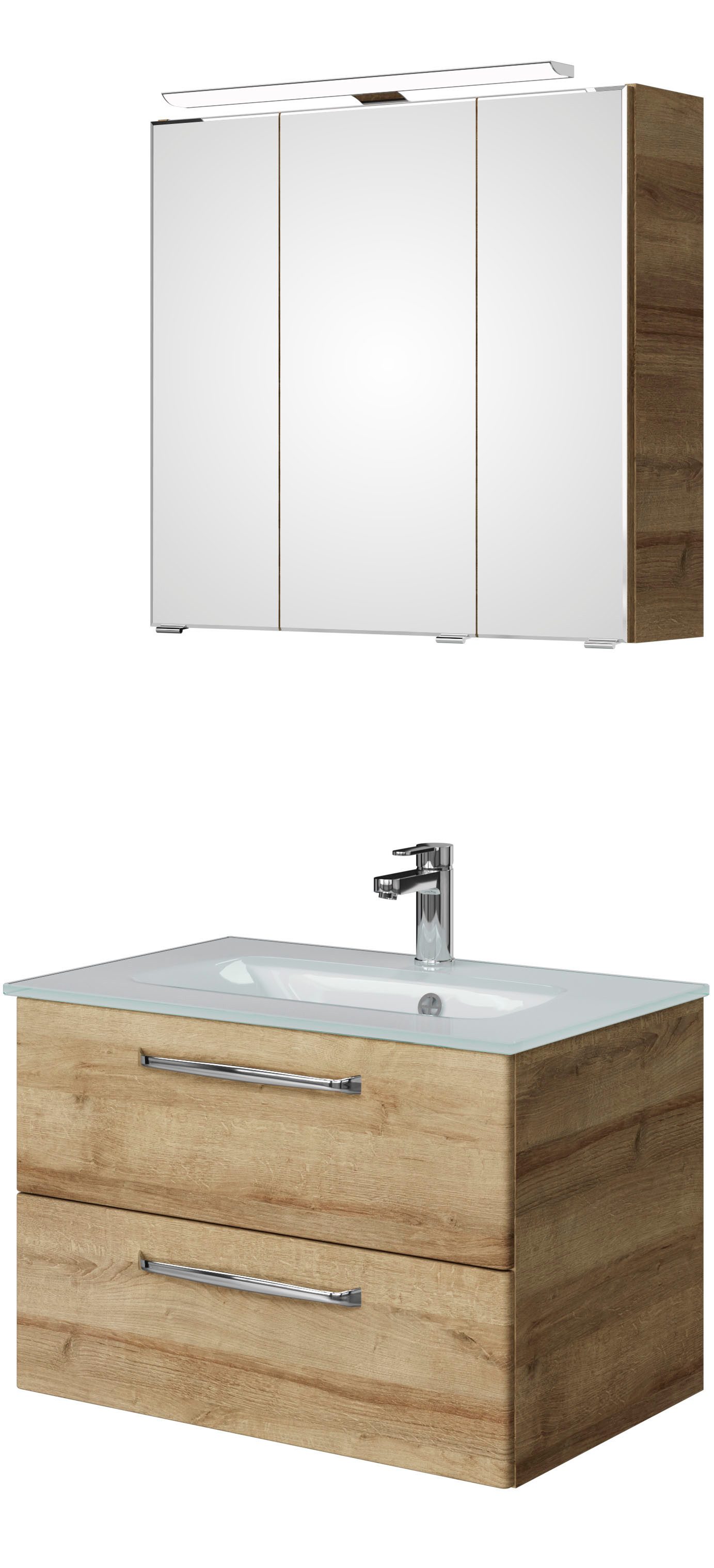 Saphir Badmeubelset Trentino 2-delig glazen wastafel, spiegelkast met LED-verlichting Badkamermeubel-set 77cm breed, incl. deurdemper, 3 deuren, 2