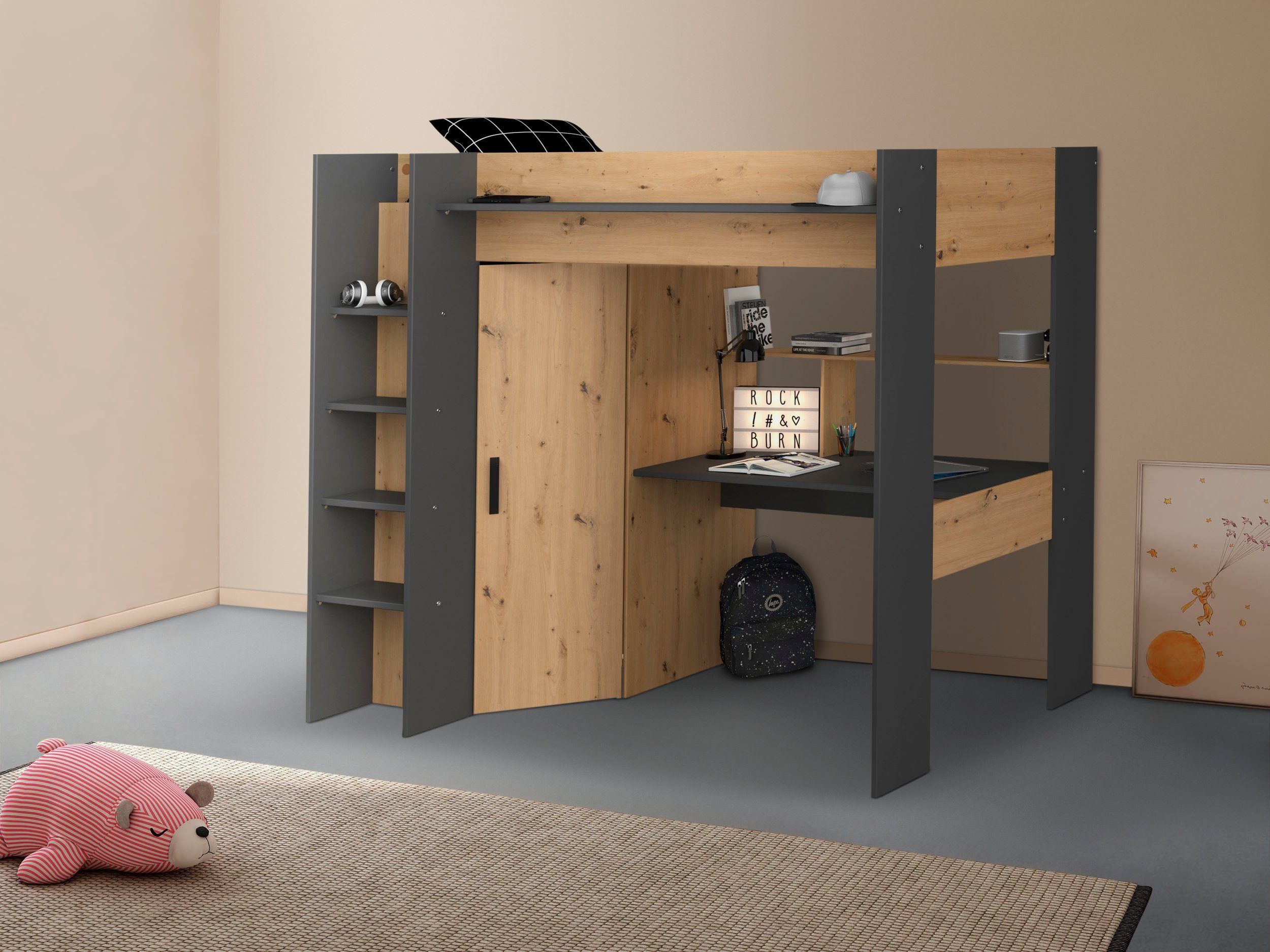 Parisot Hoogslaper Heavy All-in-one, met kledingkast, bureau, ladder, bergruimte