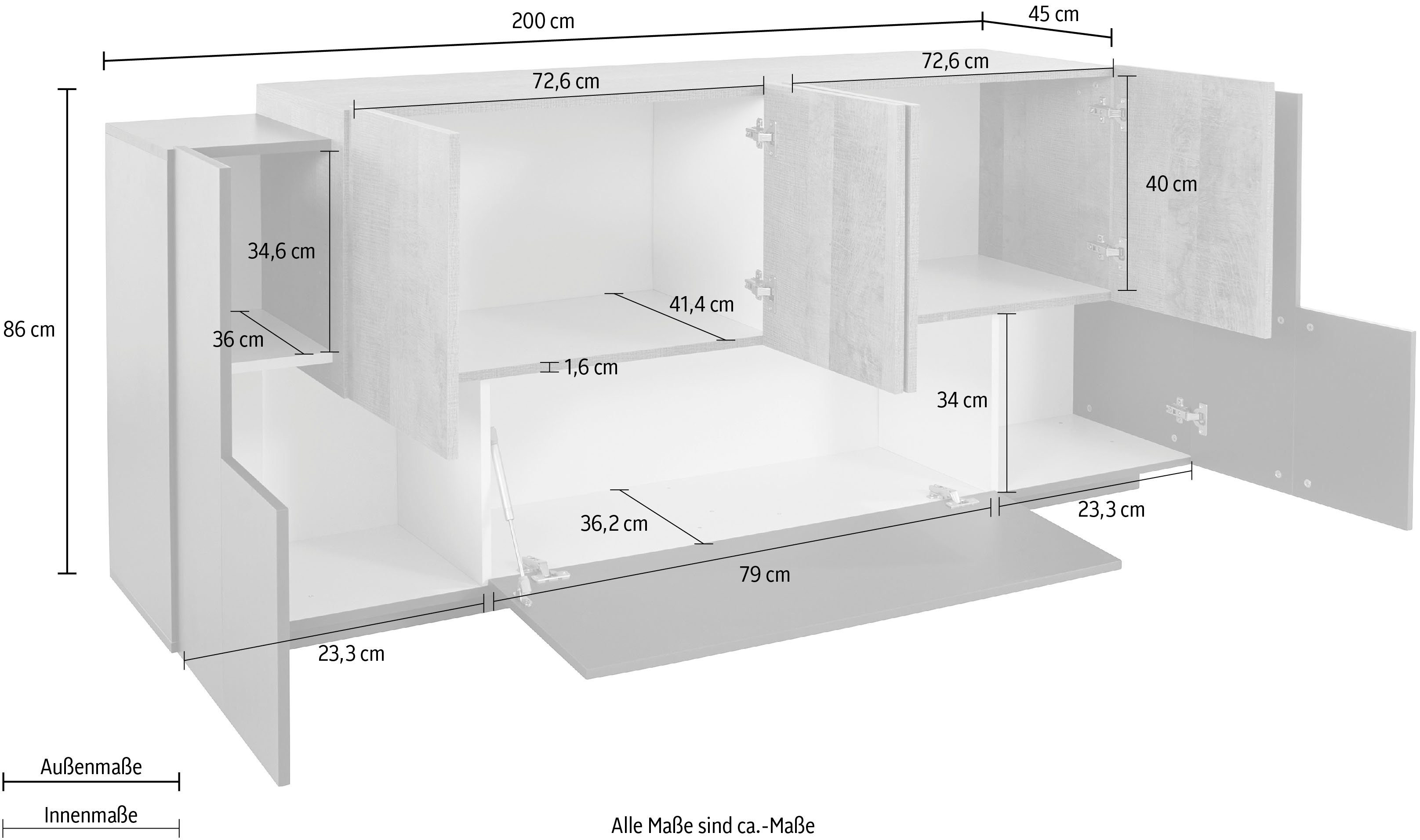 Tecnos Dressoir Coro 1 klep, 6 deuren, dubbele diepte, bxdxh 200x86x45 cm