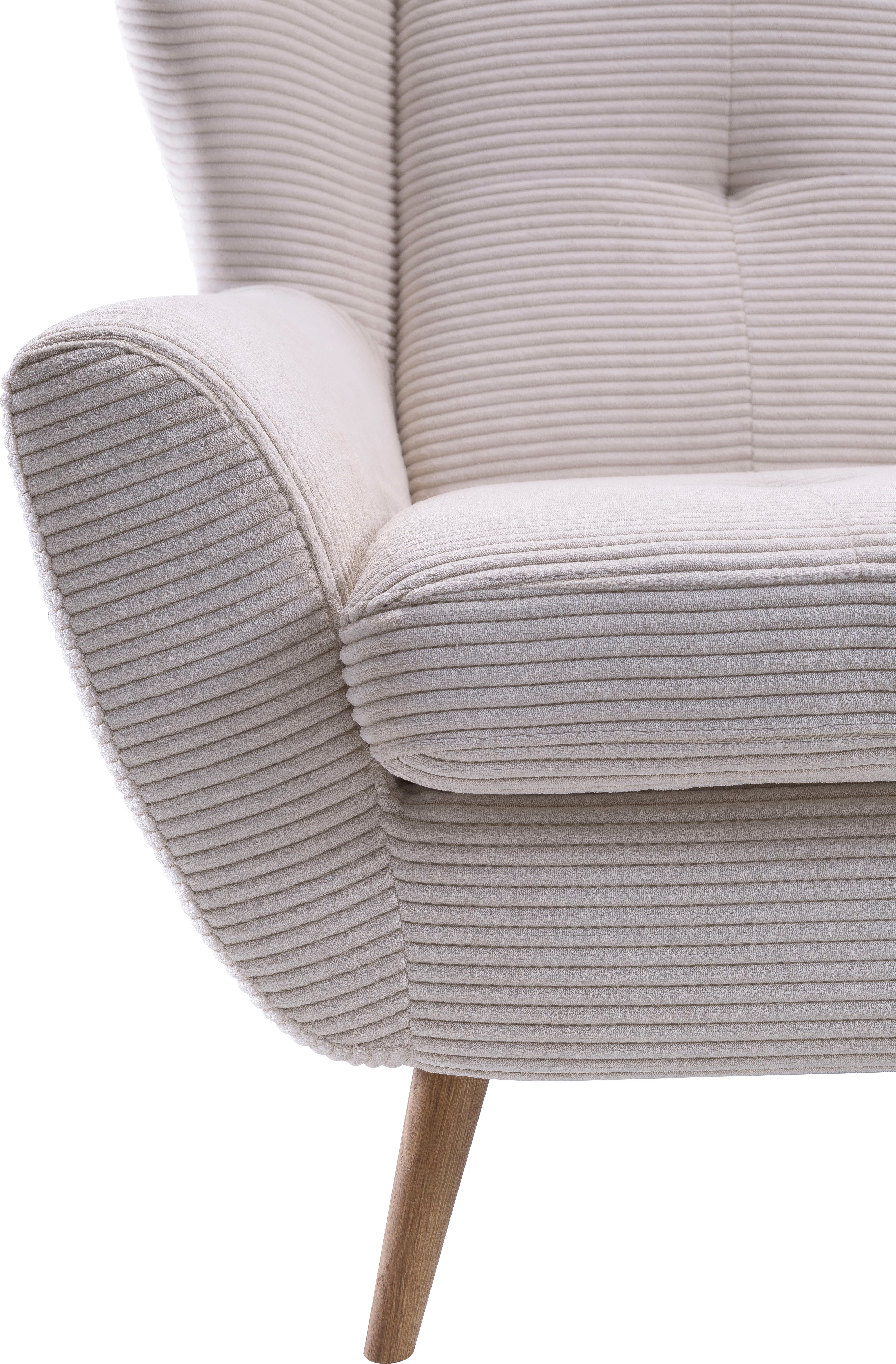 exxpo - sofa fashion Fauteuil ALVESTA, oortstoel, loungesofa met hoog zitcomfort gezellige rugleuning, met knoopstiksels en hoge houten voeten, in cord