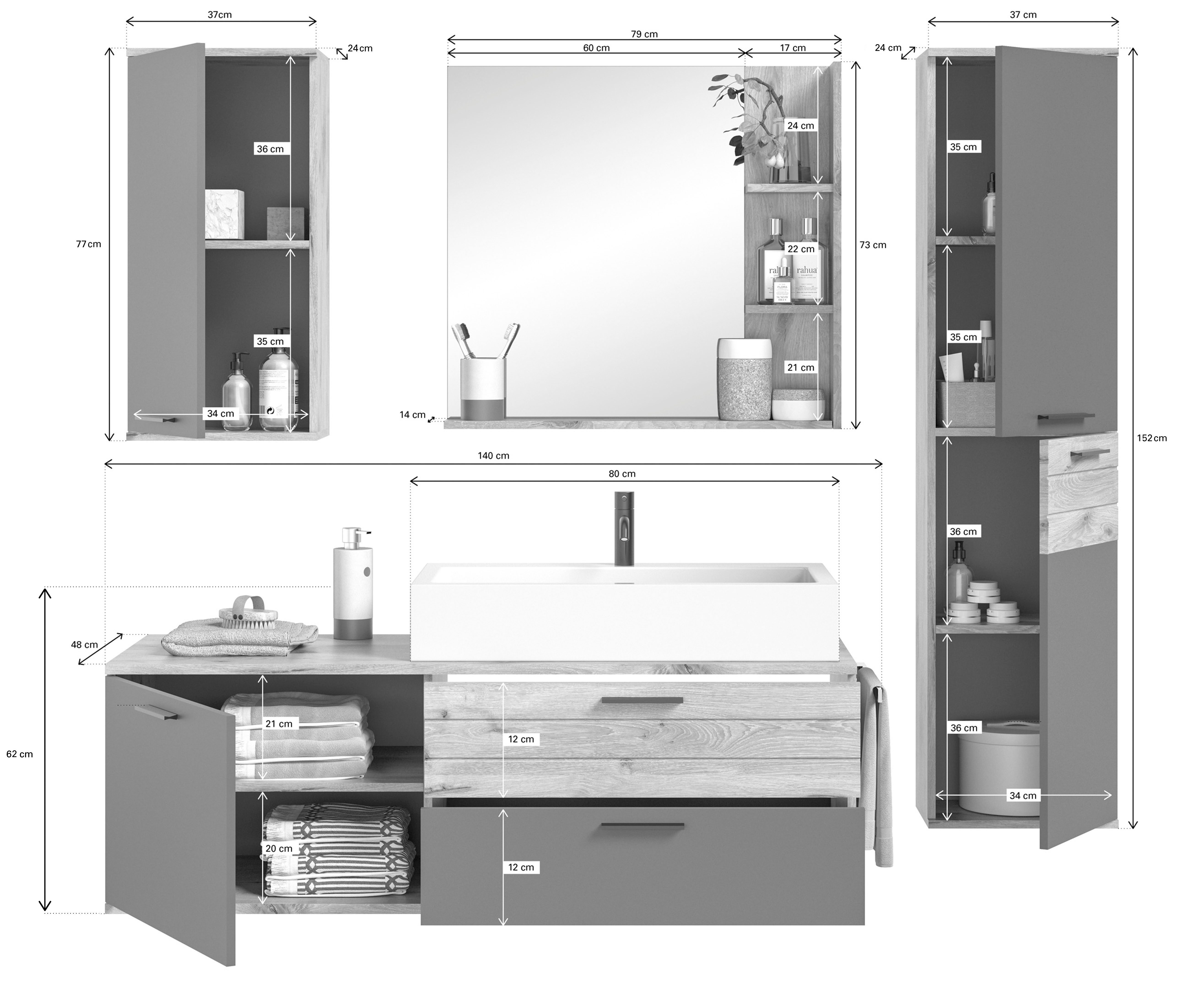 INOSIGN Badkamerserie Riga, 4-delig, inclusief keramisch opzetwastafel, bestaande uit: (set, 4-delig)