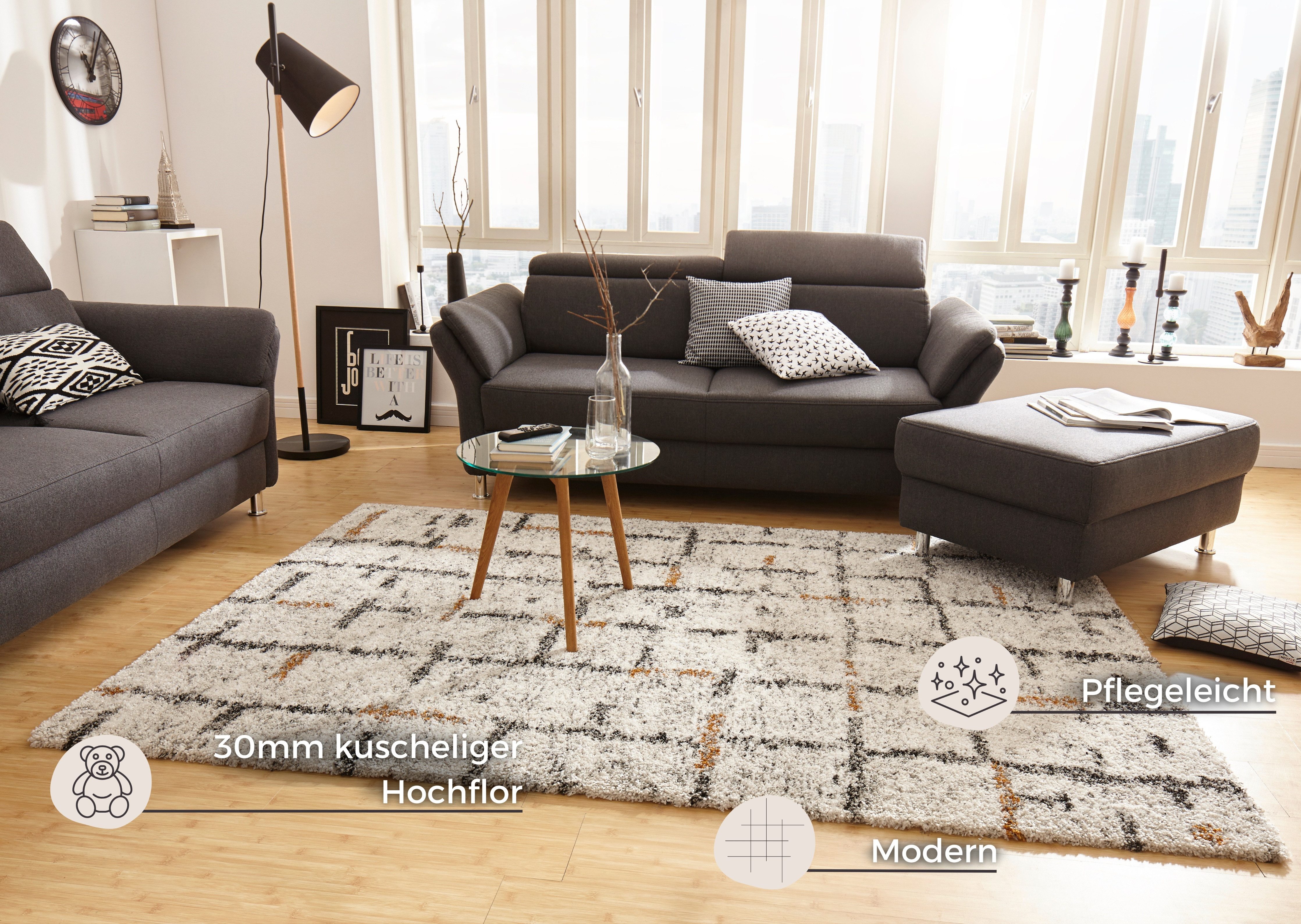 HANSE Home Hoogpolig vloerkleed Grid Shaggy, boho, flokati, zacht, modern, woonkamer, slaapkamer, hal
