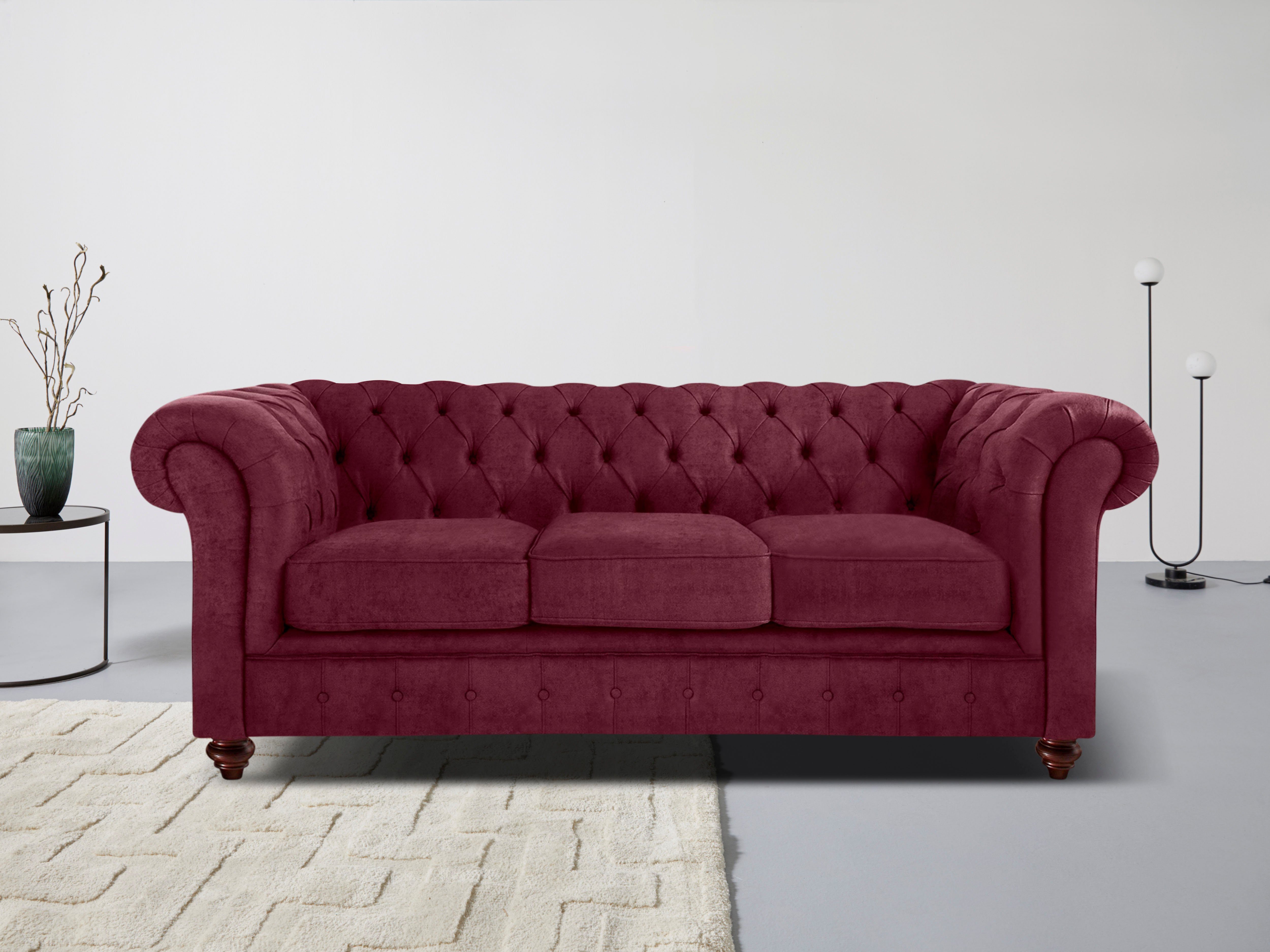 Home affaire Chesterfield-bank Chesterfield 3-zits B/D/H: 198/89/74 cm met hoogwaardige knoopdetails, ook in leer rood, chesterfield banken