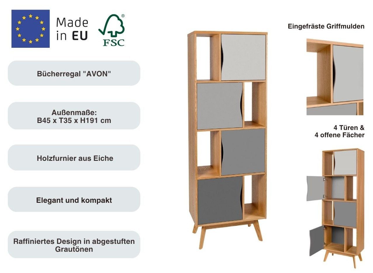 Woodman Boekenkast Avon Hoogte 191 cm, houtfineer van eiken, eenvoudig Scandinavisch design