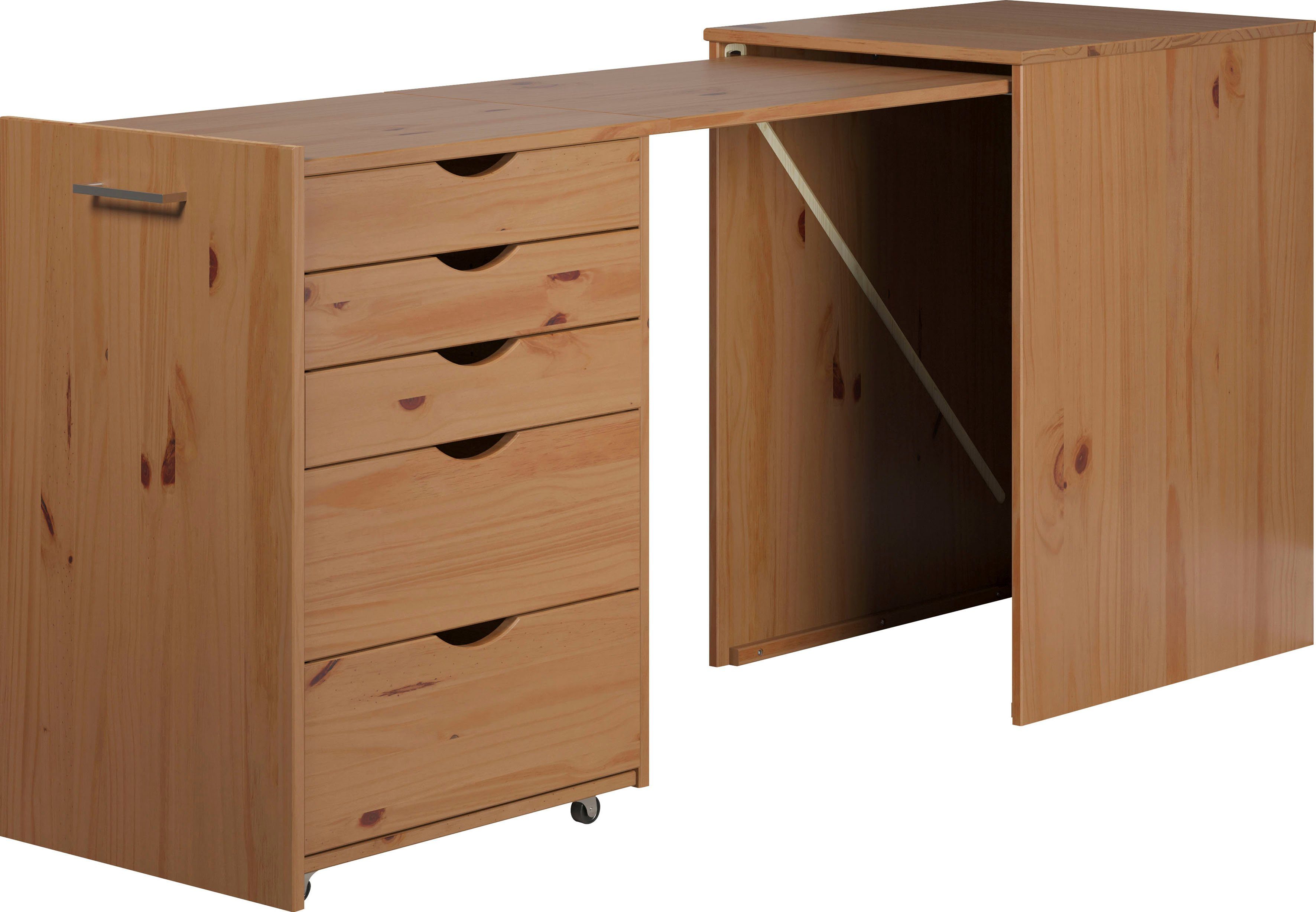 INTER-FURN Bureau met kast Voltera klein massief houten bureau, groot uittrekbaar van 57 tot 164 cm 