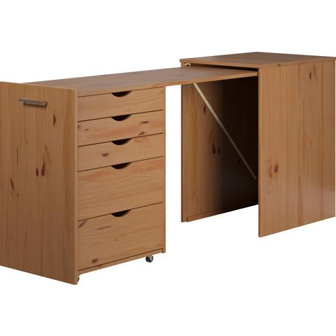 INTER-FURN Bureau met kast Voltera klein massief houten bureau, groot uittrekbaar van 57 tot 164 cm 