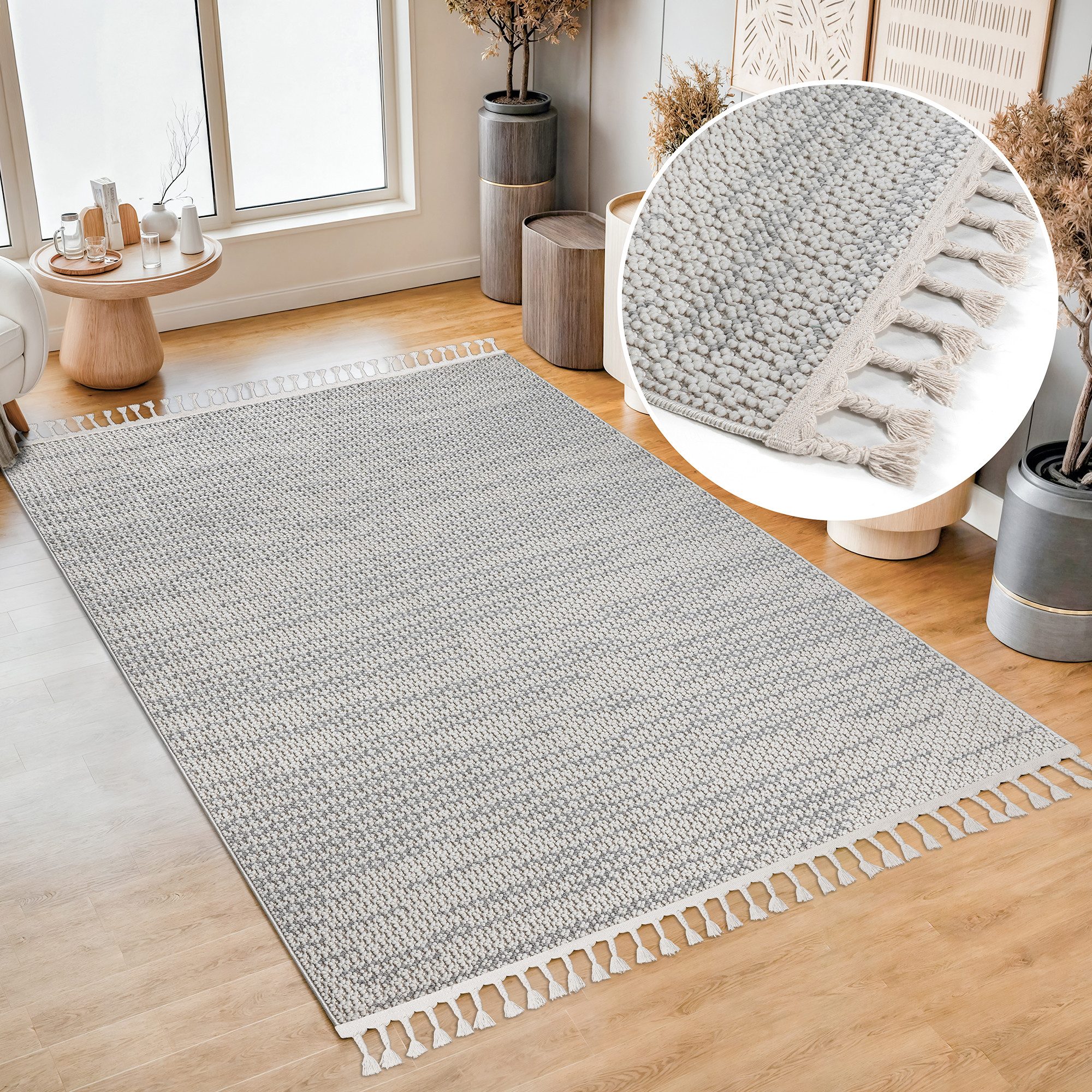 my home Vloerkleed Mads Boho, wol-look, hoog-laag structuur, geschikt voor binnen en buiten, franjes