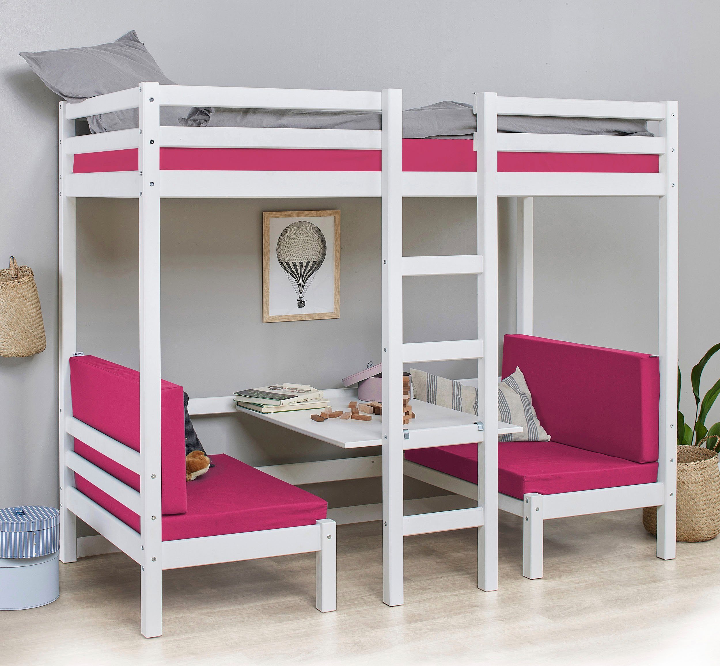 Hoppekids Hoogslaper ECO Dream JUMBO B/D/H 101/208/170 cm, ombouwbaar tot stapelbed met zitgroep, matrassen (boven en onder) in roze, massief