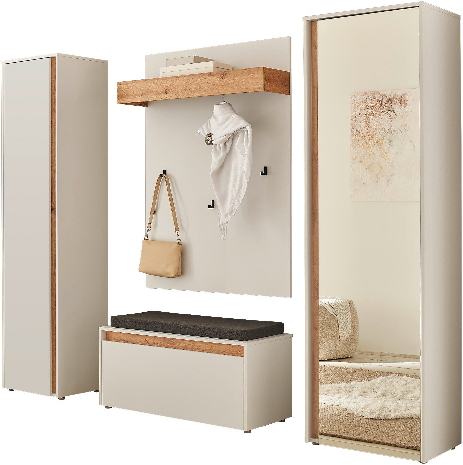 INOSIGN Halmeubelset GIRON/ CiTY, Garderobe in Wotan Eik, moderne garderobekast (complete set, 4-delig) wandkapstokken wit