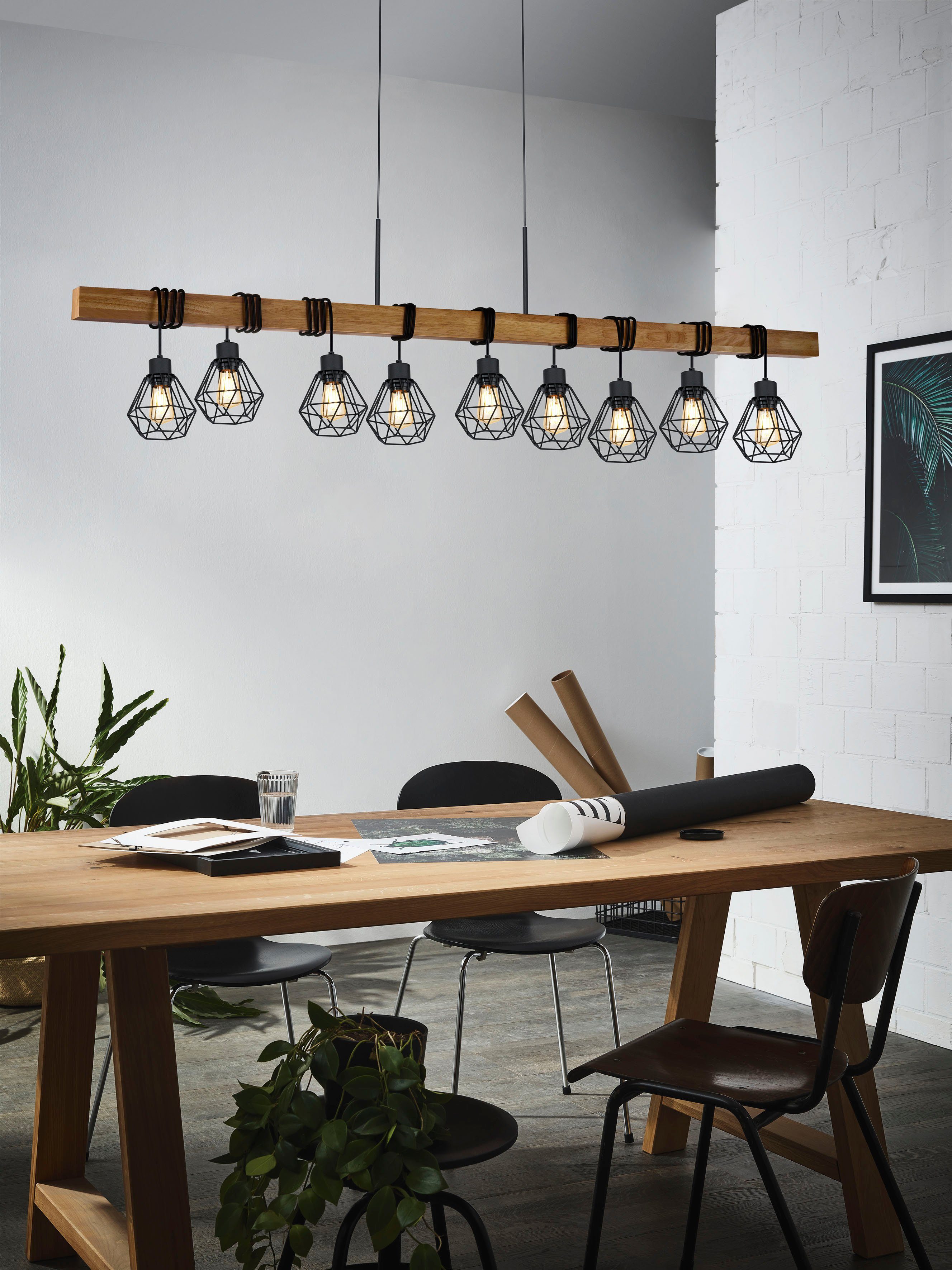 EGLO Hanglamp TOWNSHEND 5 zwart / l150 x h110 x b20 cm / van hout en metaal / retro / vintage