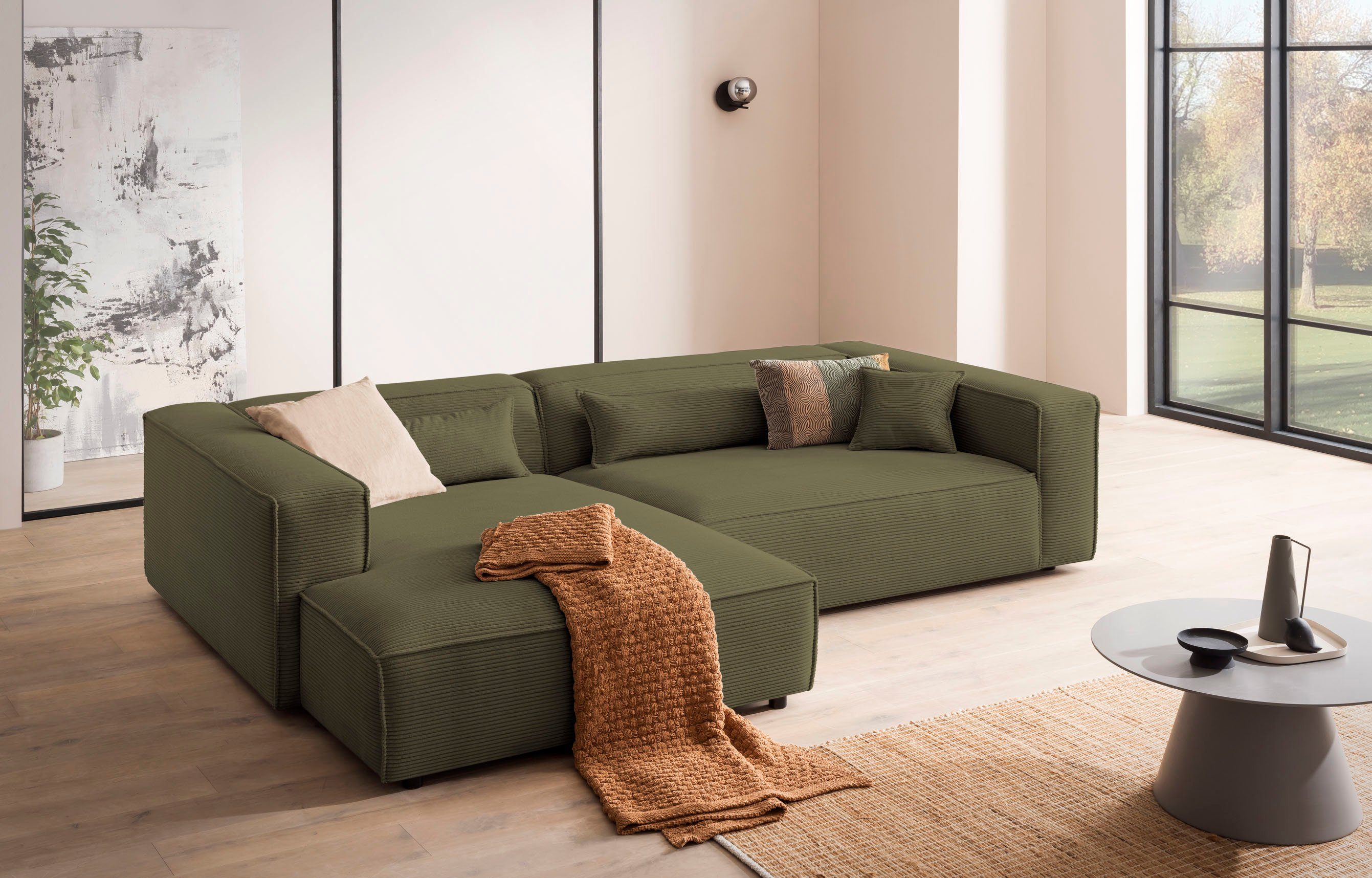 LeGer Home by Lena Gercke Hoekbank PIARA XXL, Big-sofa in cord of linnenlook, L-vorm, met biesnaad