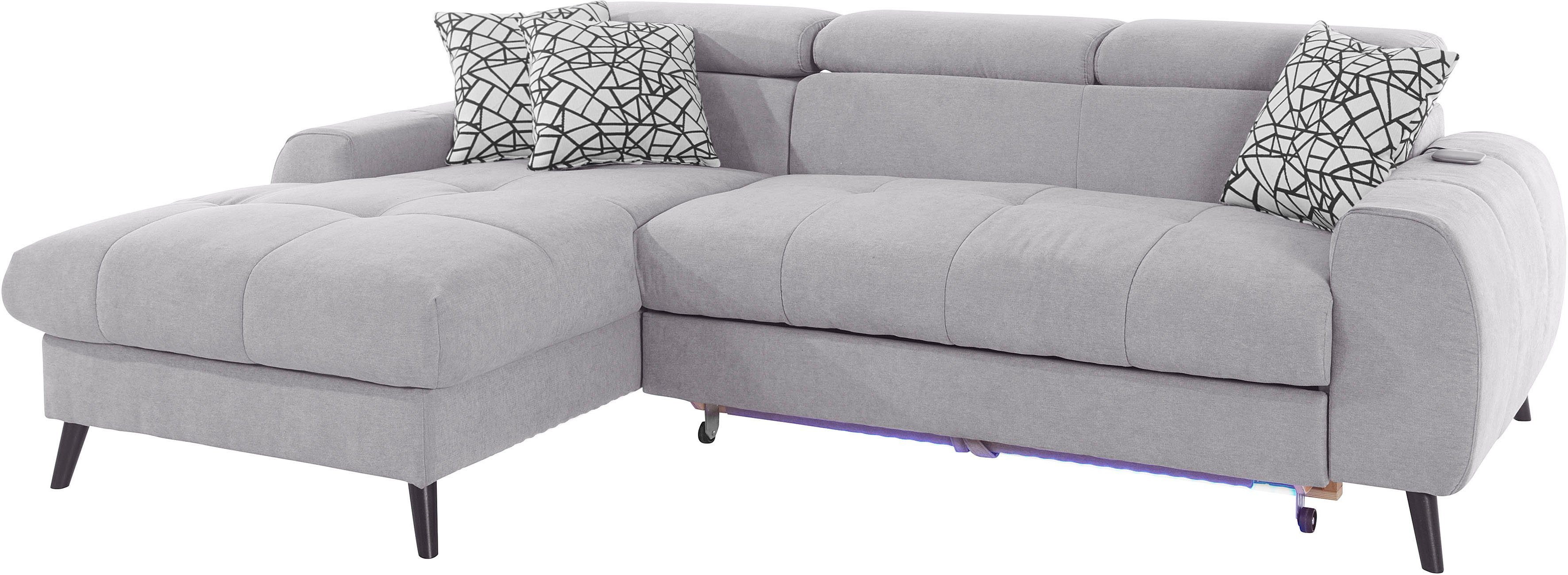 COTTA Hoekbank Mia L-vorm met 3 sierkussens keuze met bedfunctie, bedlade, verlichting & draadloze oplader