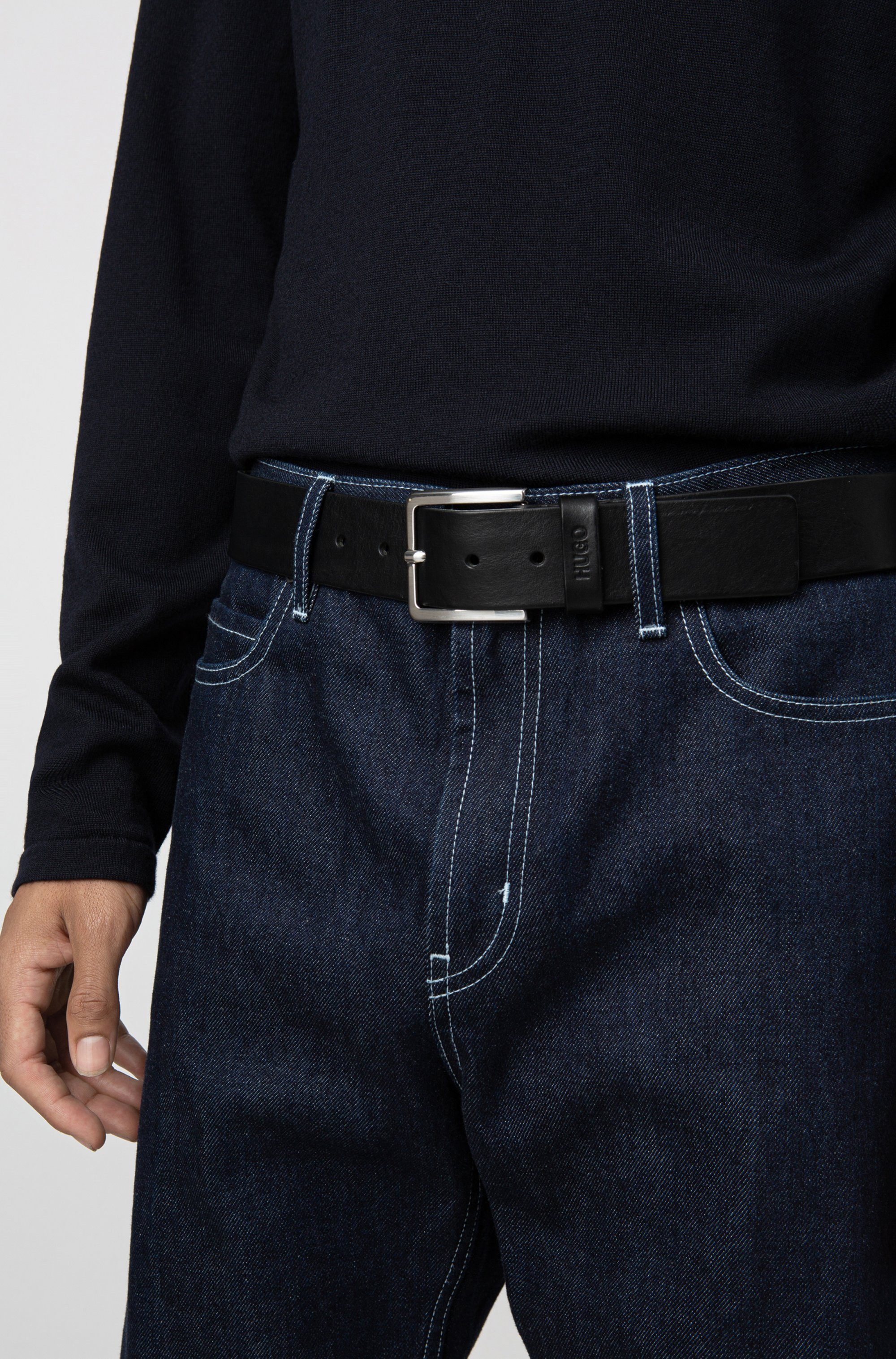 HUGO Leren riem Gionios_Sz40 met littekenreliëf en geborstelde metalen details
