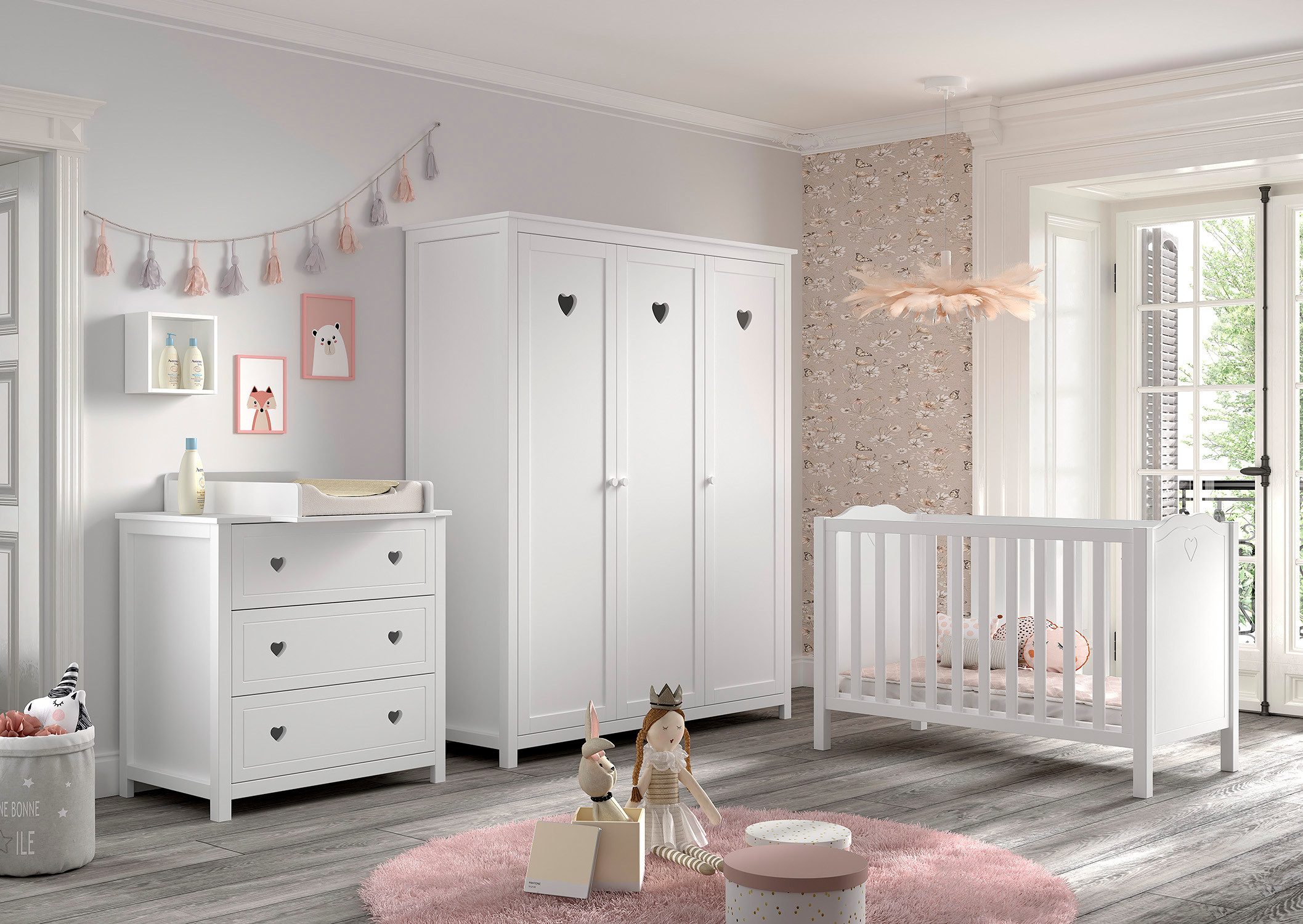 Vipack Complete babykamerset Amori 4-delig met hartornamenten, MDF/massief wit gelakt (4-delig)