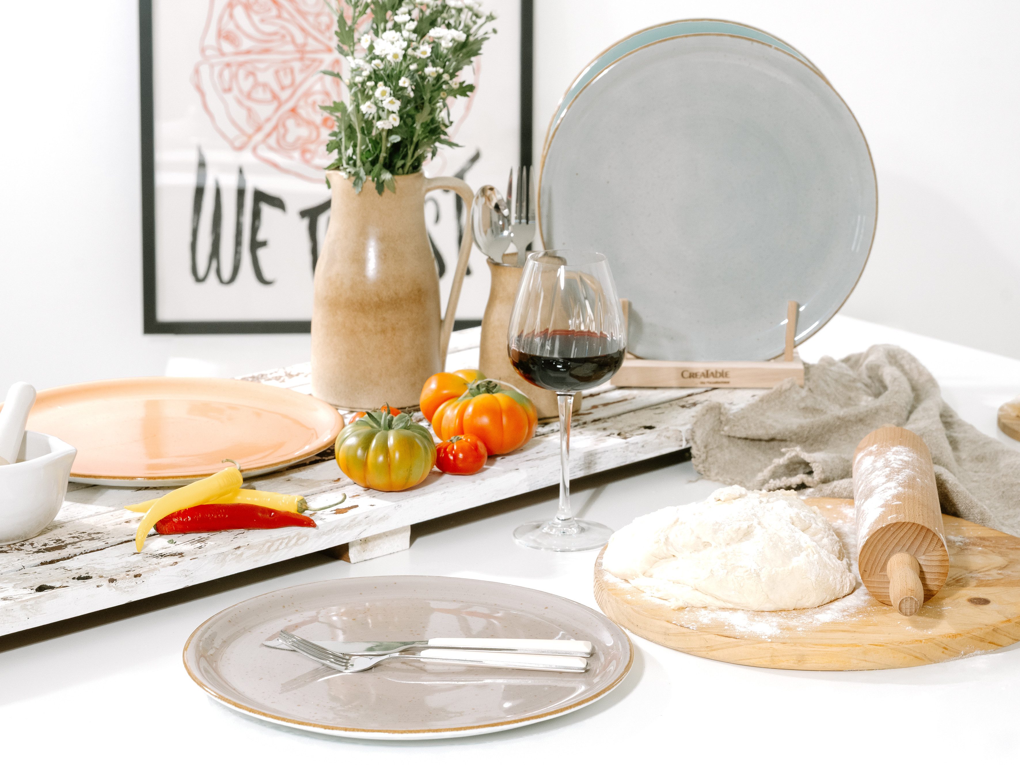 CreaTable Pizzabord Dinerbord vintage nature Bordenset voor 4 personen, porselein (set, 4-delig)