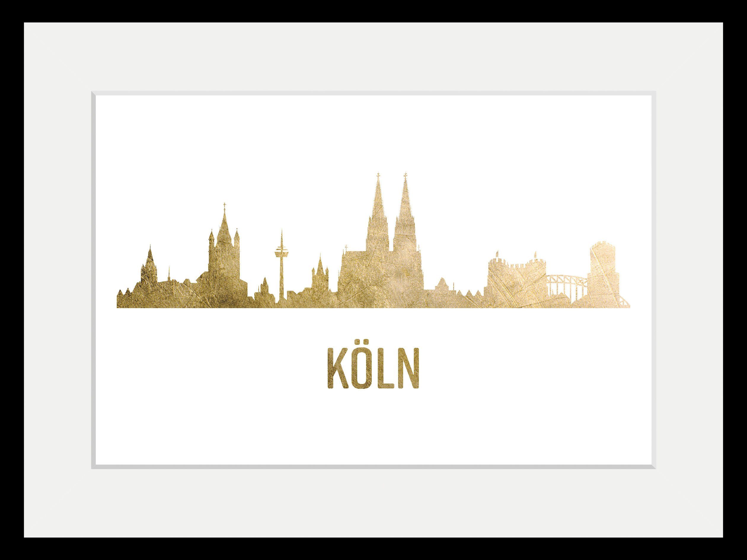 queence Wanddecoratie Keulen Skyline goudkleur HD premium posterdruk incl. houten lijst (1 stuk)