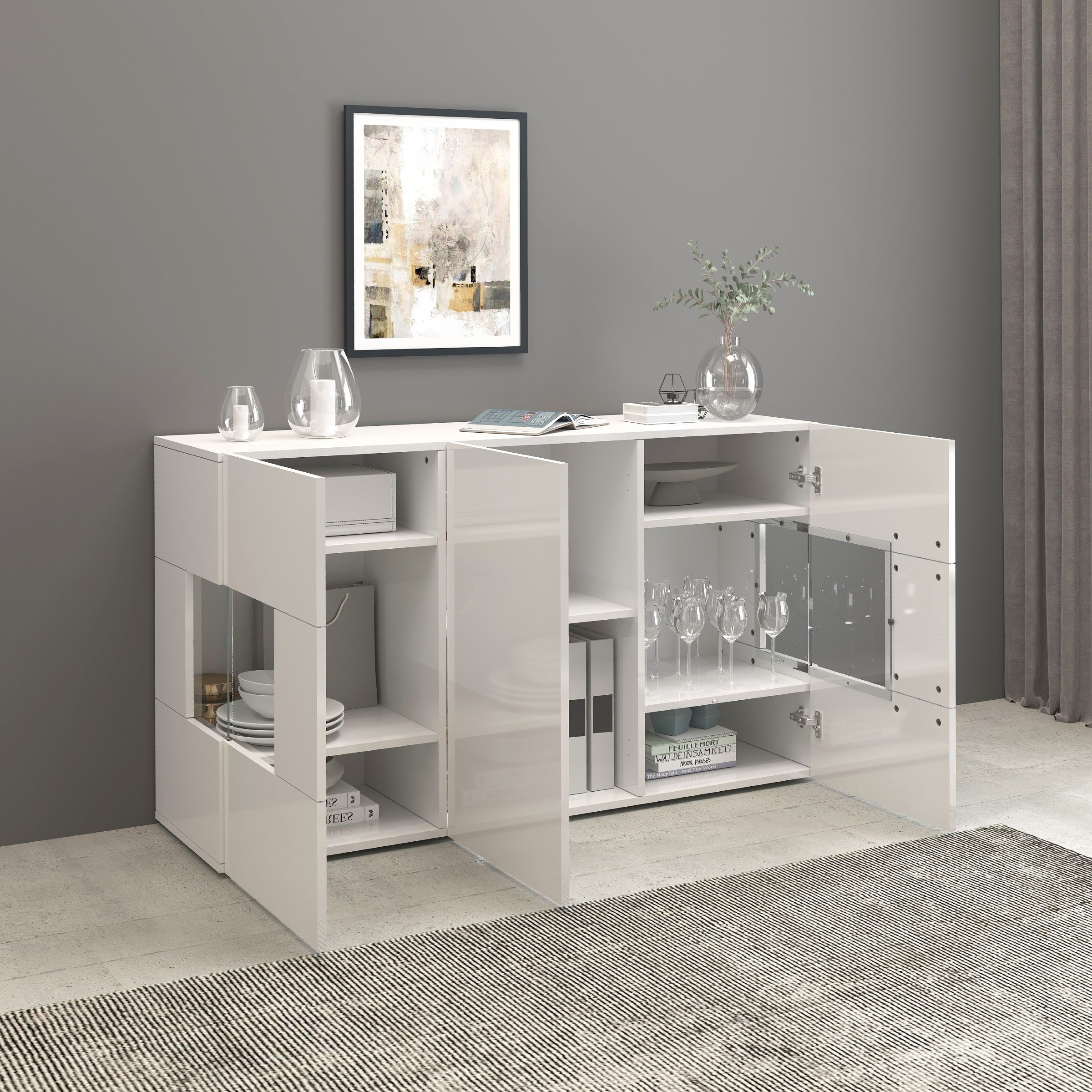 INOSIGN Dressoir Egypte, Ladekast, Kast, Buffet, Vitrine greeploos 3 deuren waarvan 2 met glaselement, volledig hoogglans gelakt breedte 135