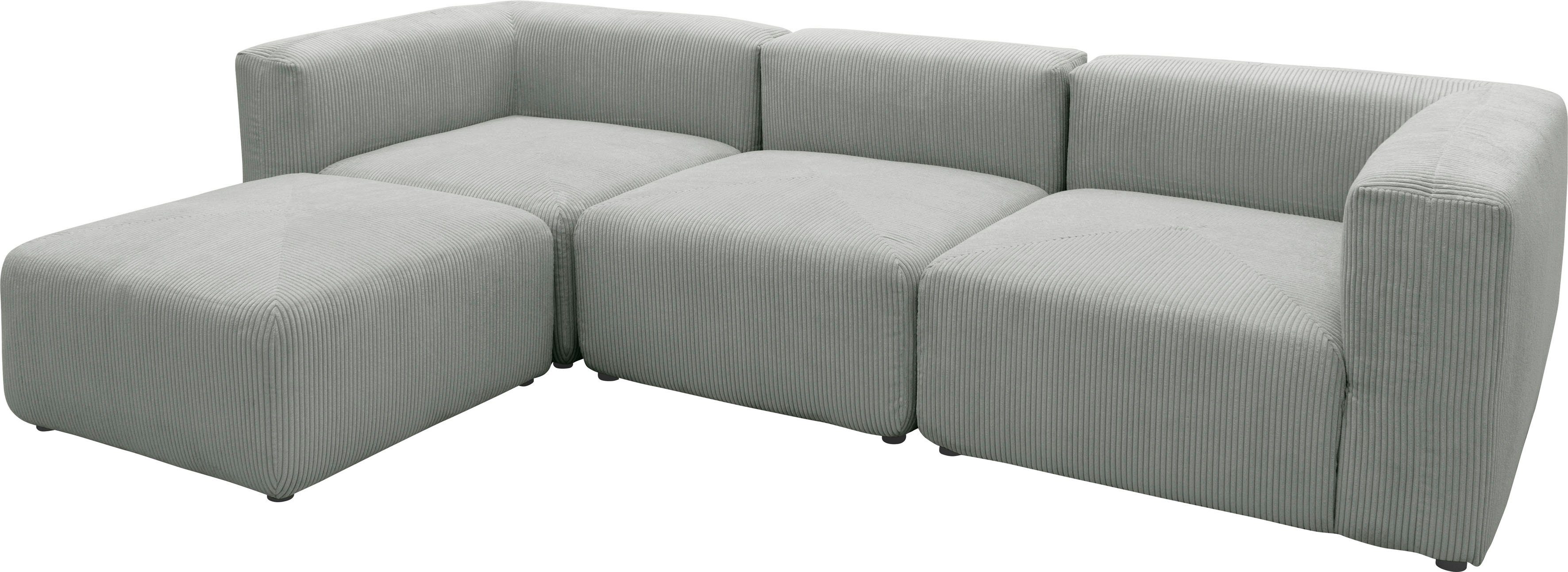 RAUM.ID Hoekbank Gerrid L-vorm Ribfluwelen bekleding, modulaire bank, bestaande uit hoek- en tussenelement + voetenbank/poef