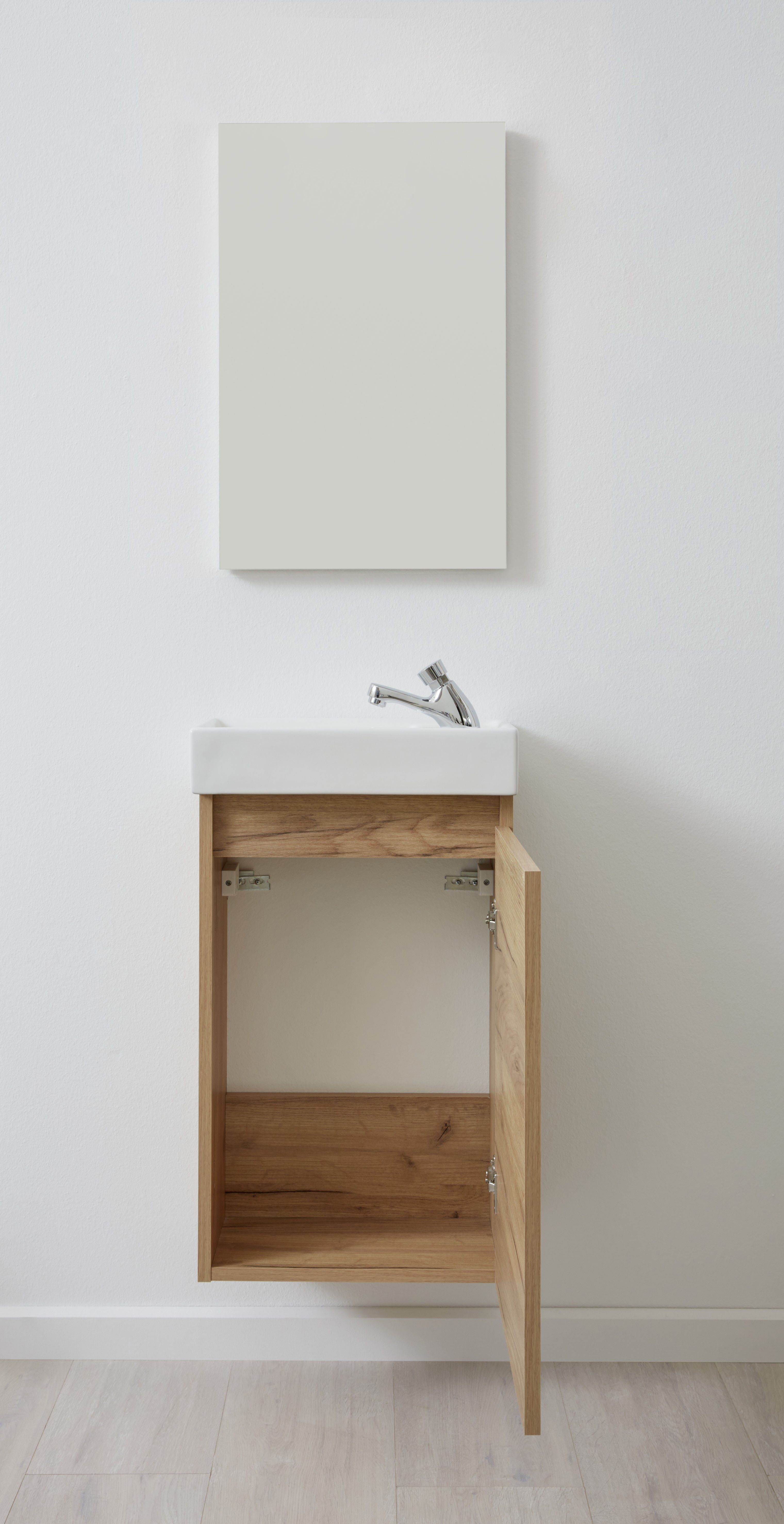 welltime Badkamerserie Oslo 2-delig, badkamerkast gastentoilet wastafelmeubel set Wastafelonderkast met wasbak en spiegel breedte 40 cm, gastenwastafel (complete set, 3 stuks)