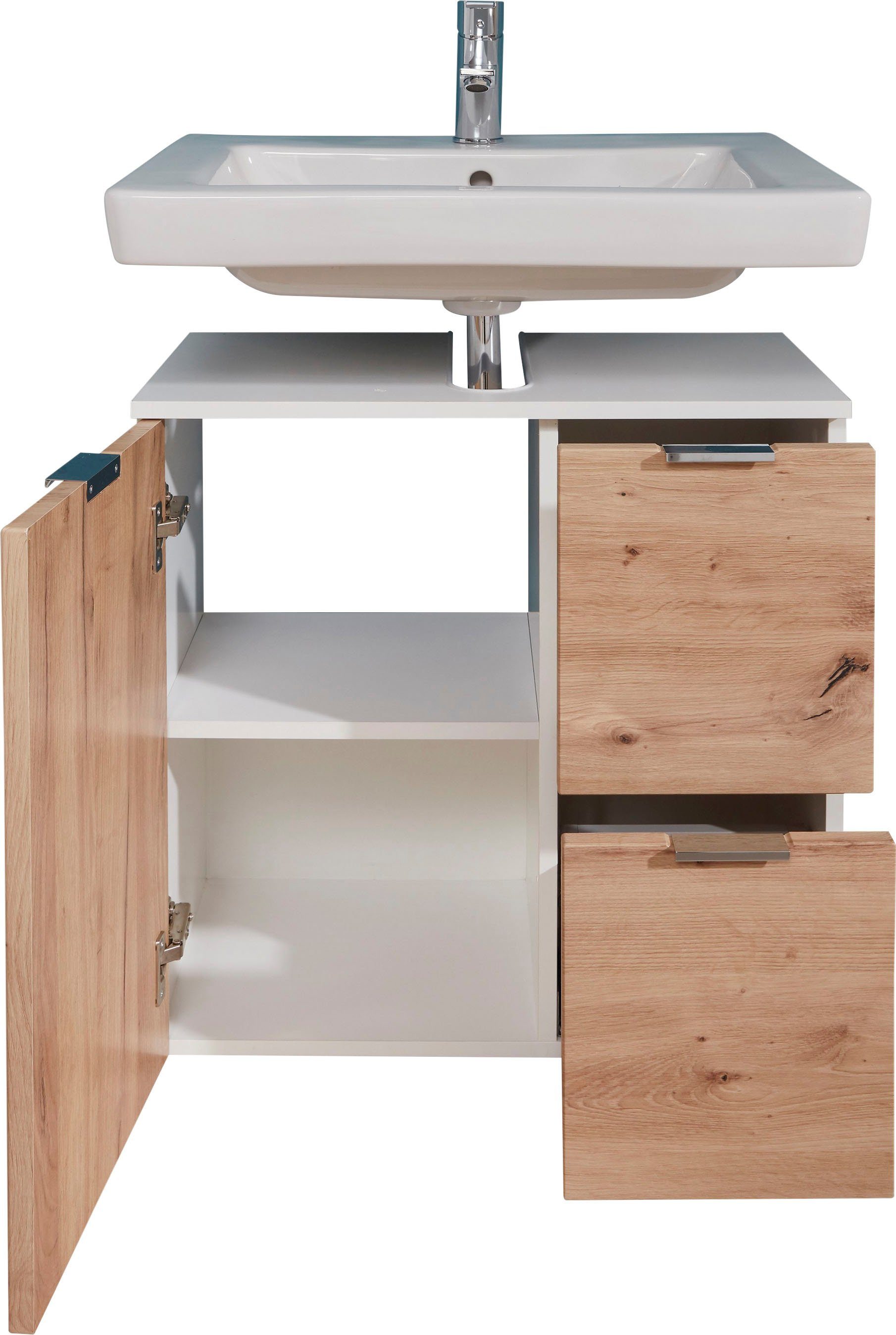 trendteam Wastafelonderkast Concept One Wastafel met 2 vakken en 2 lades in wit/echt houtlook