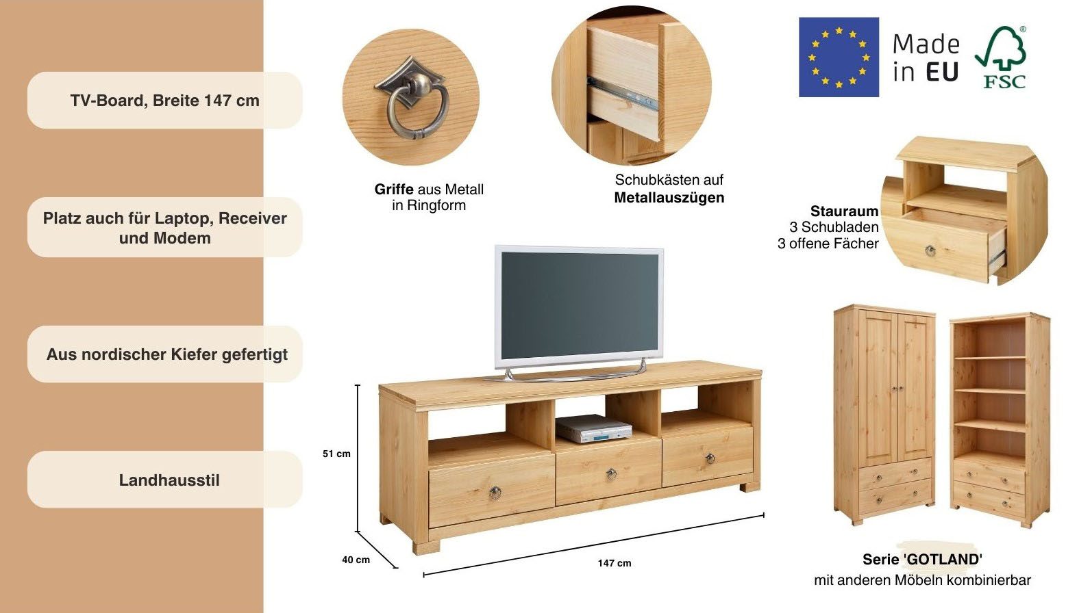Home affaire Tv-meubel Gotland Breedte 147 cm, met lades en open vakken, massief hout, FSC®