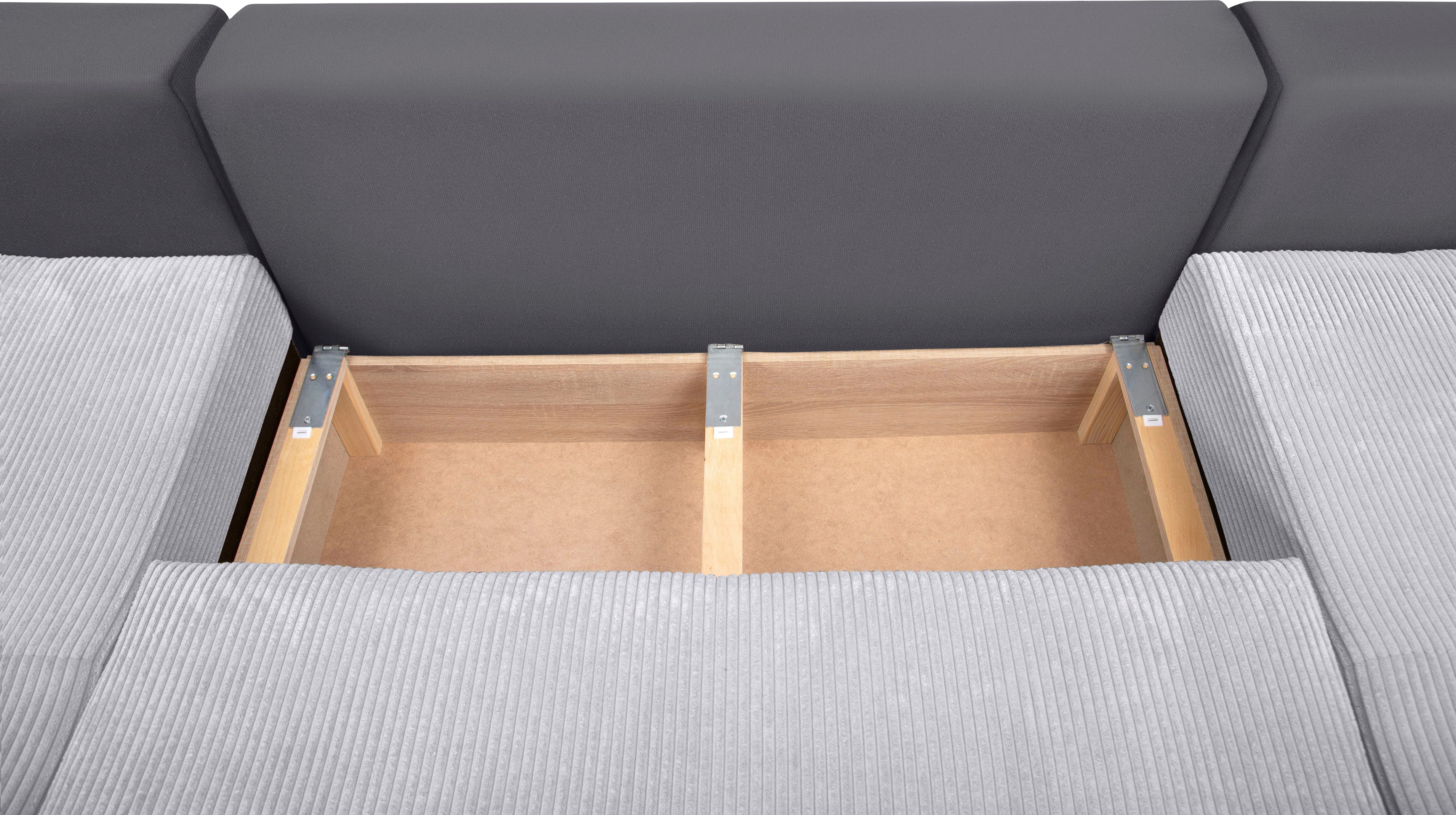 COLLECTION AB Zithoek XL-Josy U-vorm, breedte 313 cm, cord-/mix incl. bedfunctie, bedlade, met 4 gelijk grote rugkussens