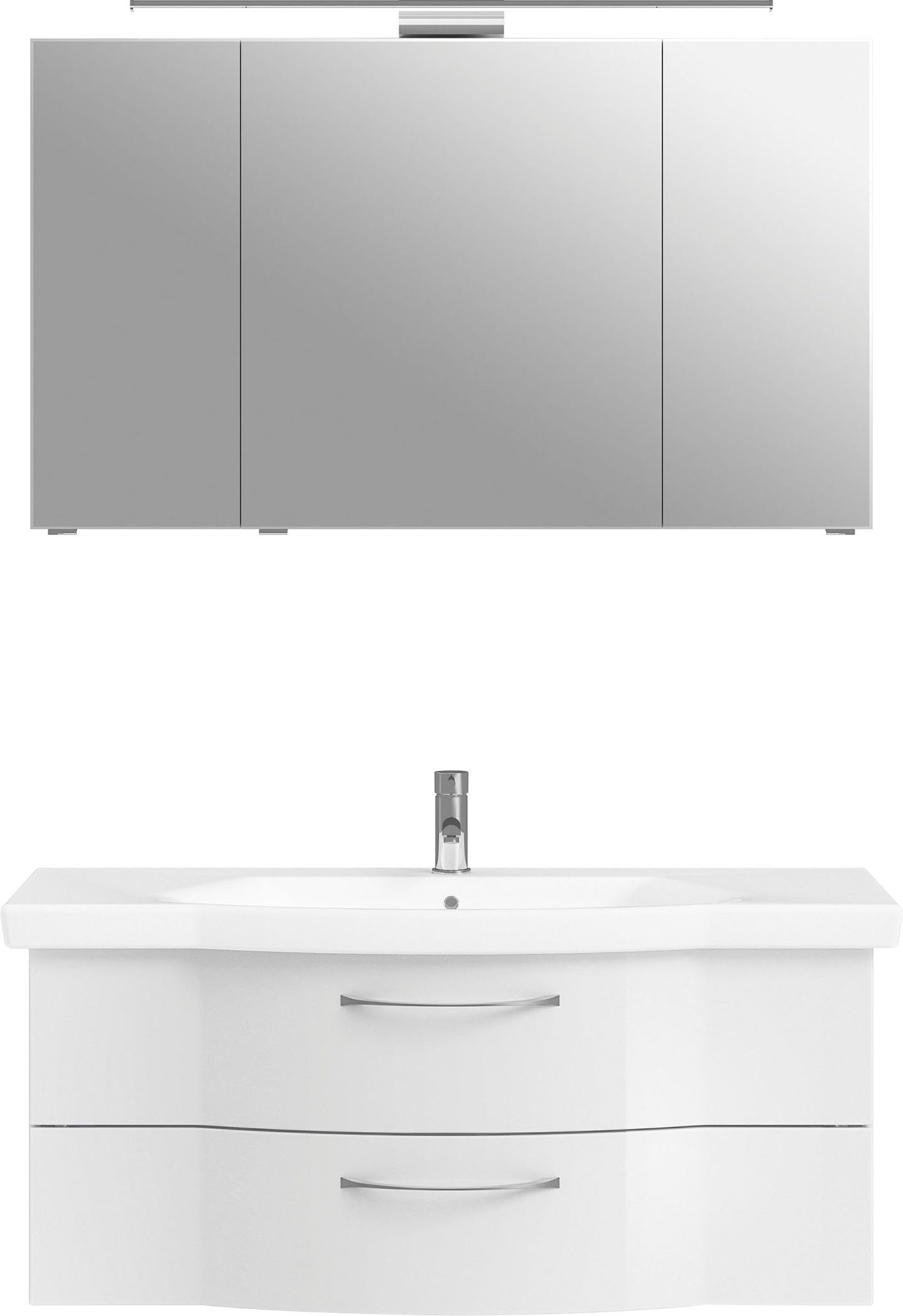 Saphir Badkamerserie 6005 sprint keramiek-wastafelonderkast met led-spiegelkast, 122 cm breed Wastafelmeubel inclusief deurdemper, 3 deuren, 2 laden,