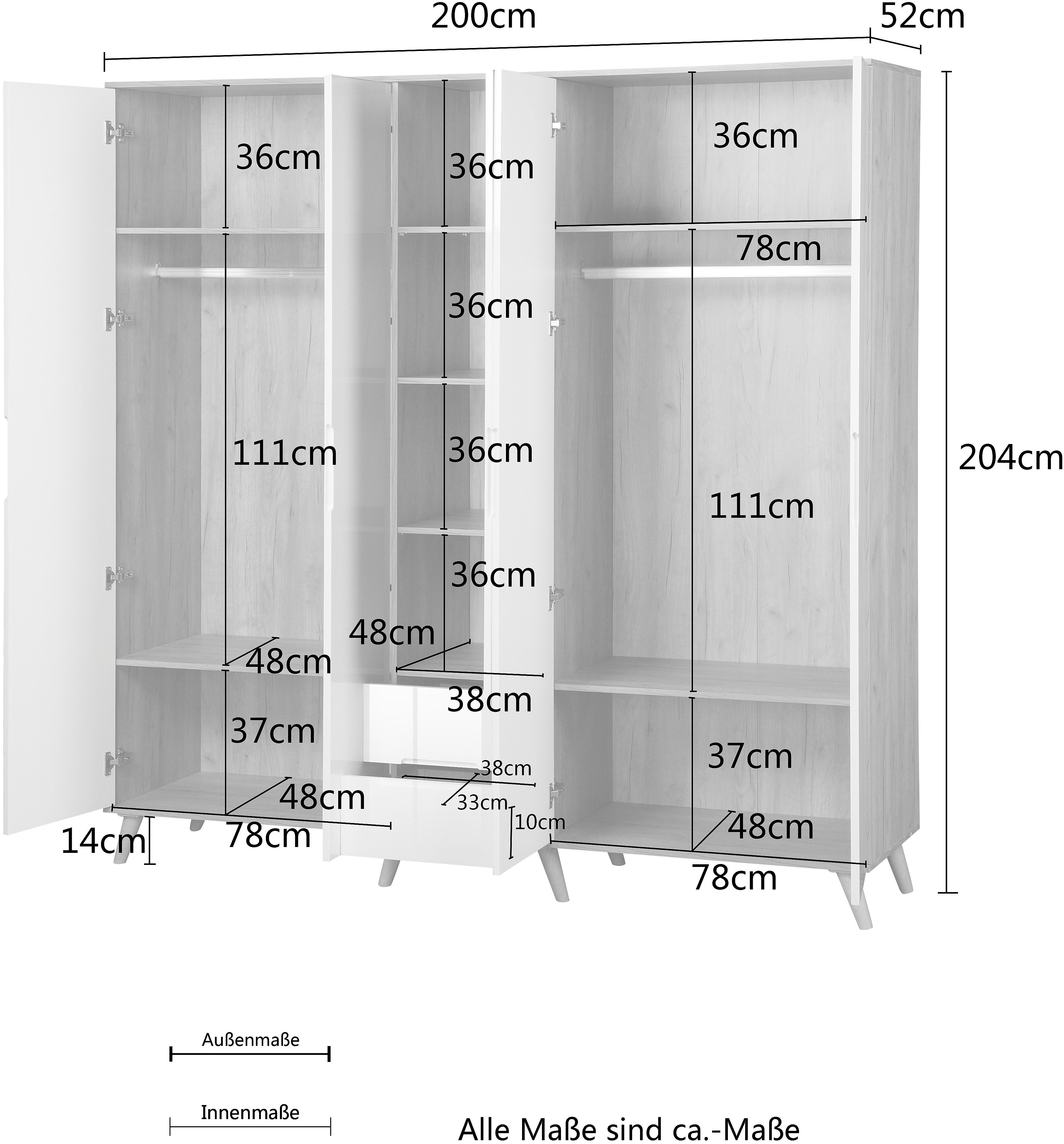 andas Kledingkast Lund slaapkamerkast bestseller in Scandinavisch design Kledingkast met premium binneninrichting, breedte 200 cm hoogglans