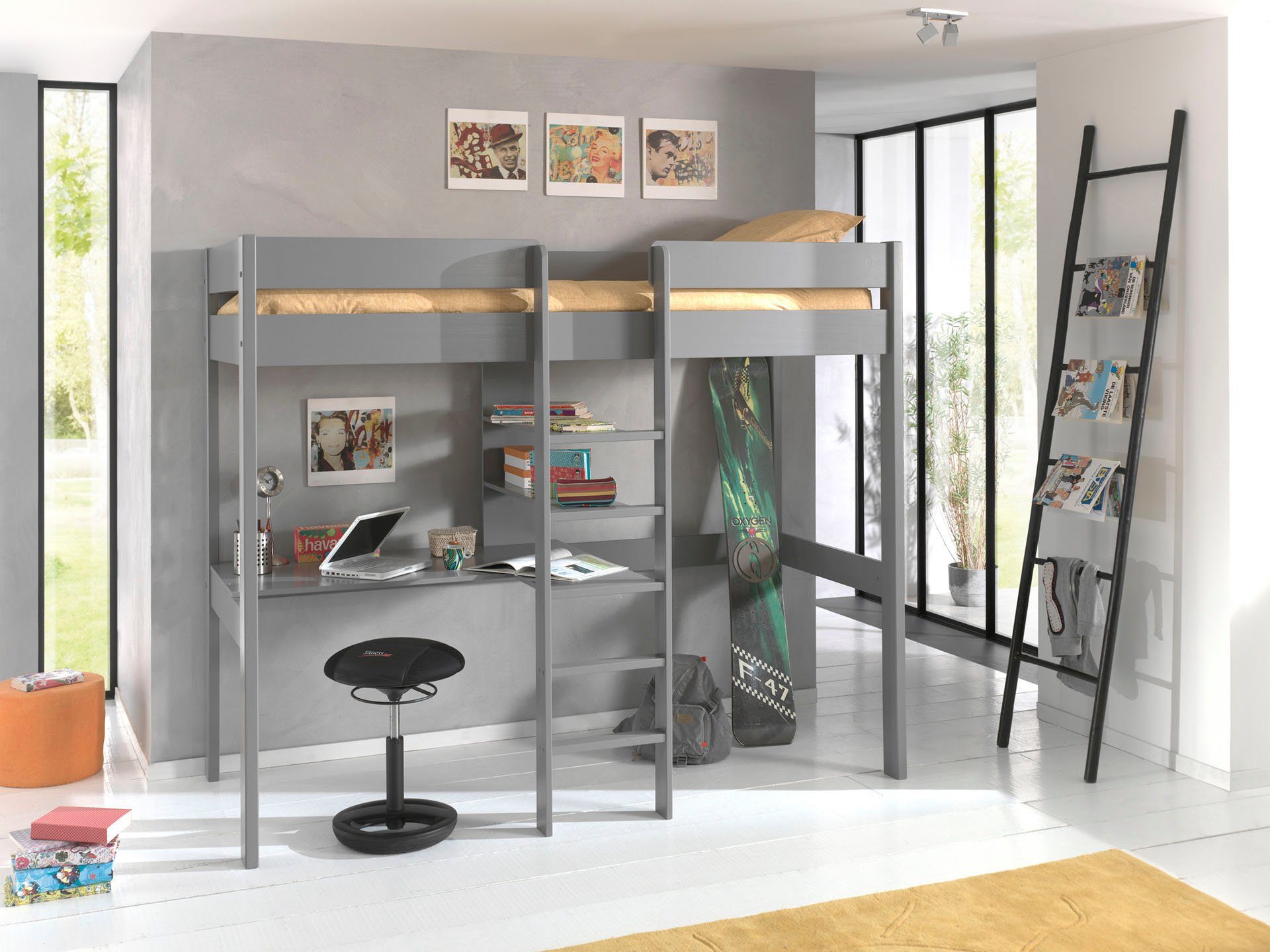 Vipack Hoogslaper PINO met schrijfblad en rek hoogslapers grijs