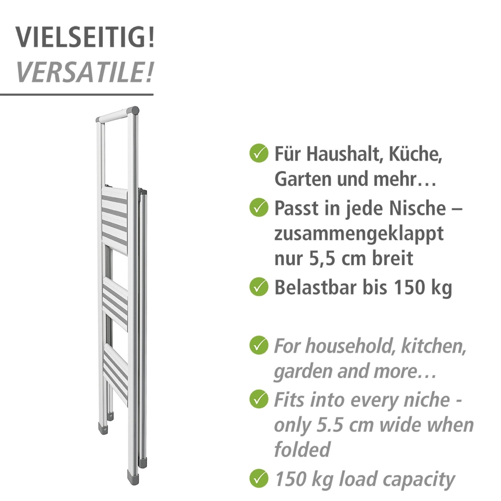 WENKO Huishoudtrapje Model Alu-Design Aluminium-design, XXL-treden, plat inklapbaar