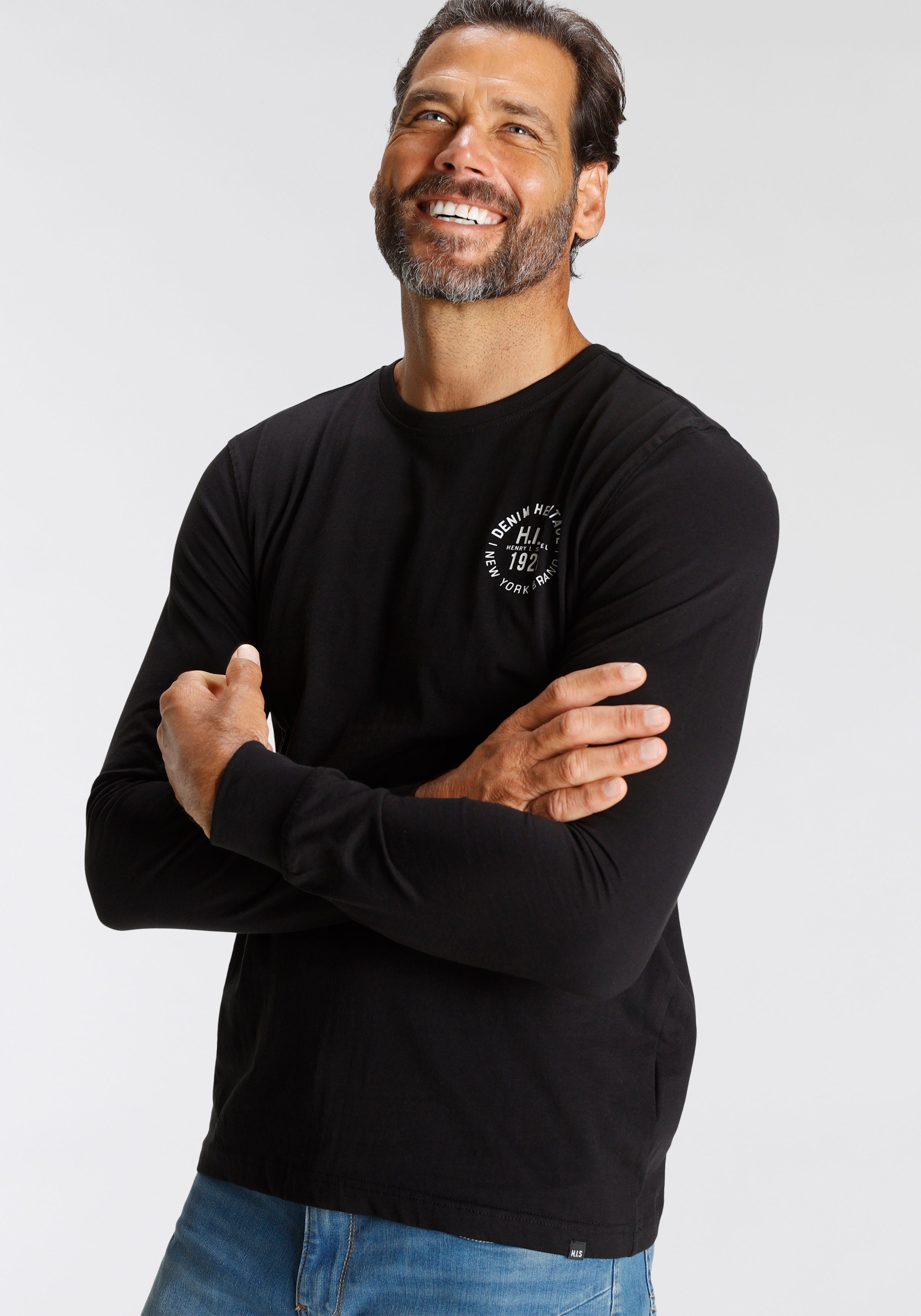 H.I.S Shirt met lange mouwen Lange mouwen, bedrukt, ronde hals, van 100% katoen (2-delig, Set van 2)