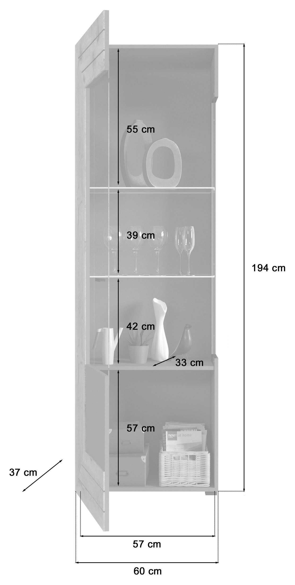 INOSIGN Vitrinekast Aalborg, hoogte 194 cm, 1 glazen deur, 2 glazen legplanken, metalen handgrepen