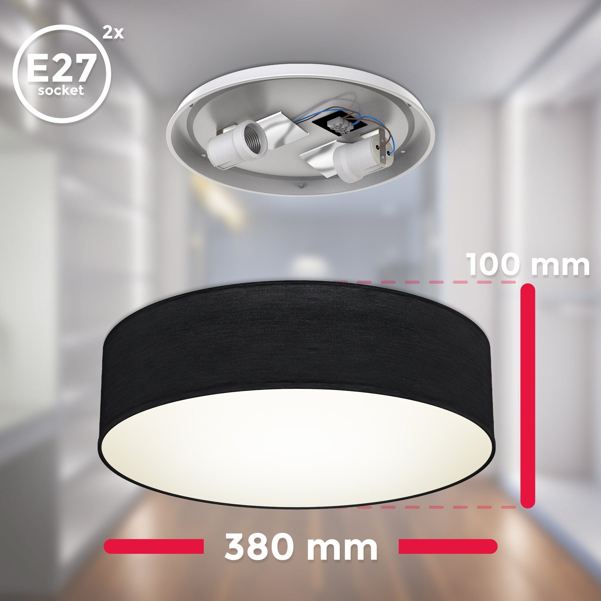 B.K.Licht Led-plafondlamp Plafondlamp, textiel lampenkap, zwart, slaapkamer, woonkamer