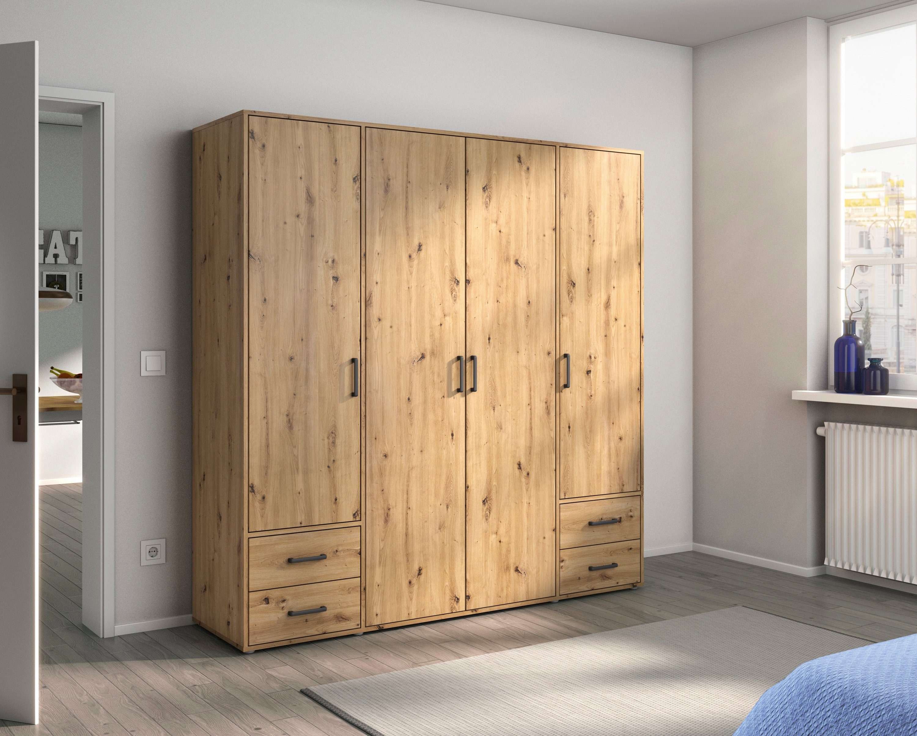 rauch Draaideurkast Kledingkast kast garderobe linnenkast VOYAGER moderne grepen in grijs metallic met buitenlades made in germany