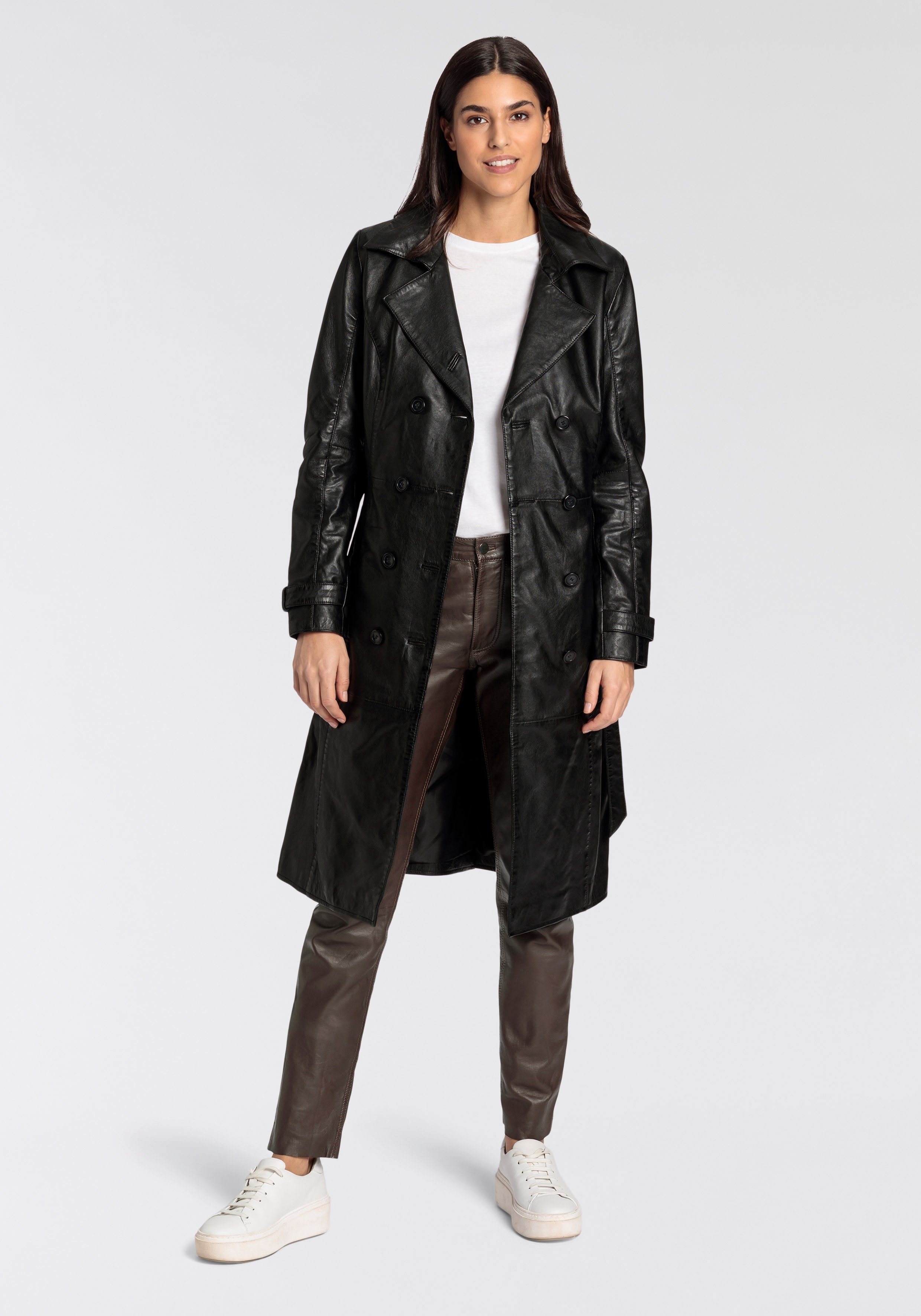 Mauritius Lange, leren jas GWTaruh OT elegante leren trenchcoat met bindceintuur (2-delig)