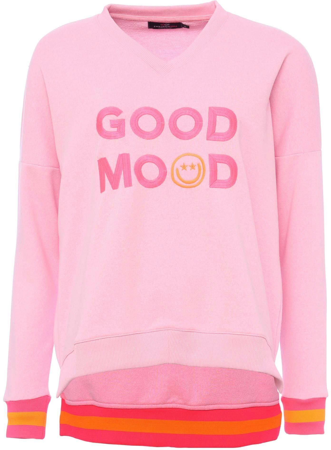 Zwillingsherz Sweatshirt DANA met "good mood"-opdruk en neonkleurige boorden