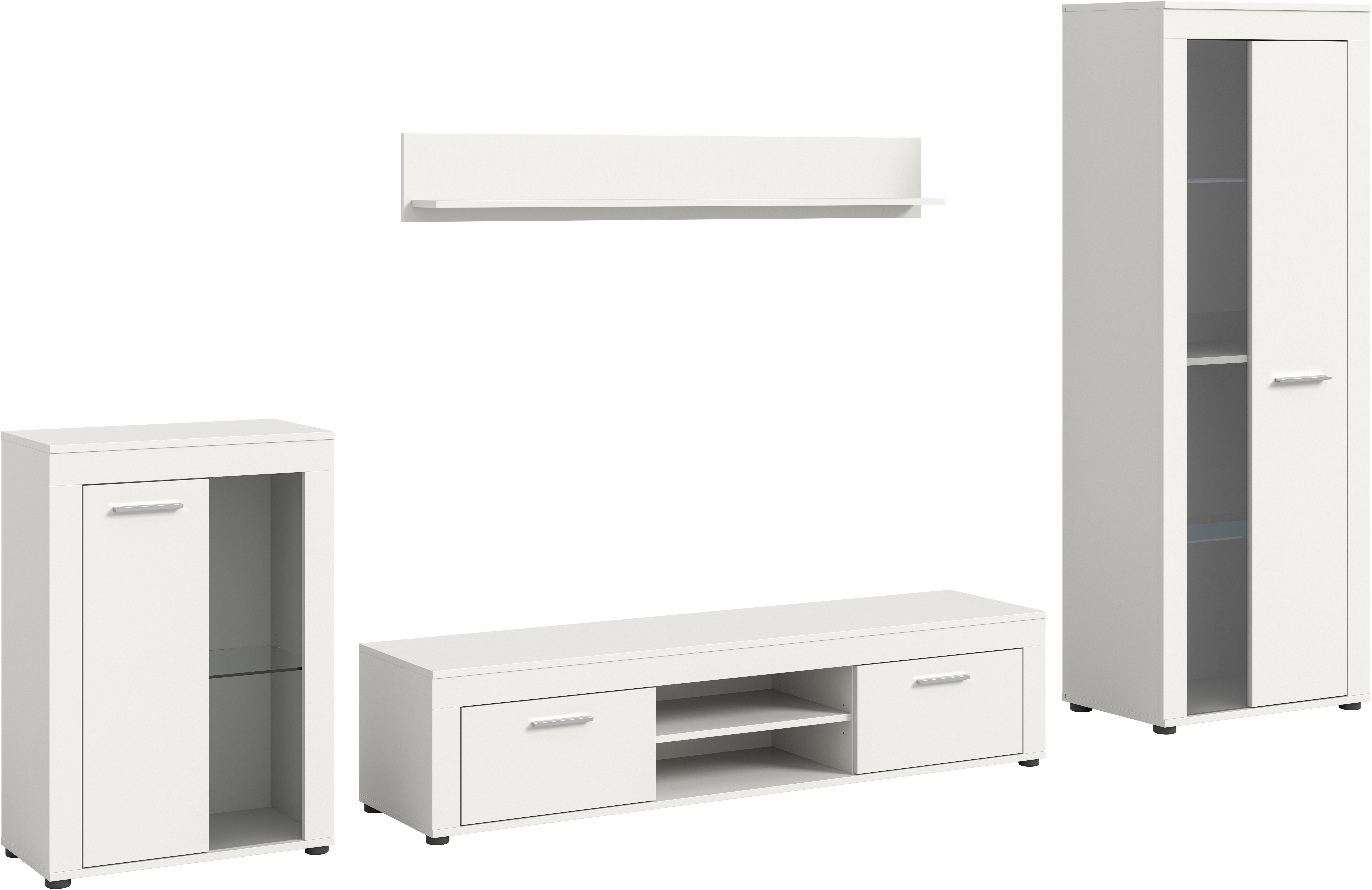 INOSIGN Wandmeubel Aosta, 4-delig, bestaande uit: vitrinekast, lowboard, wandplank & hoge vitrinekast (4-delig)
