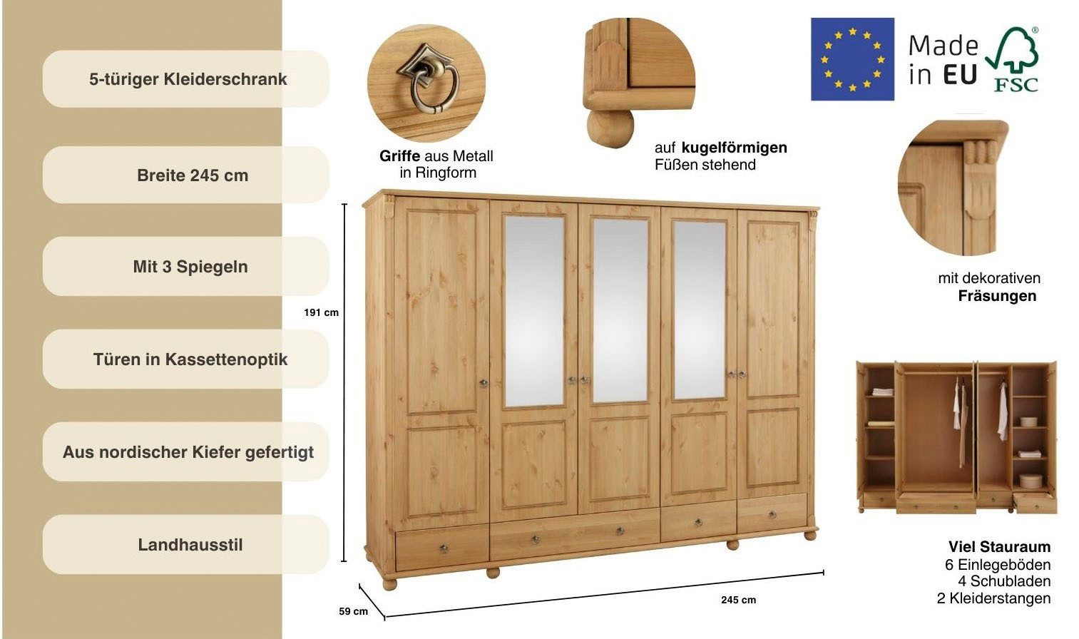 Home affaire Kledingkast TESSIN Breedte 245 cm, massief grenen, met spiegel