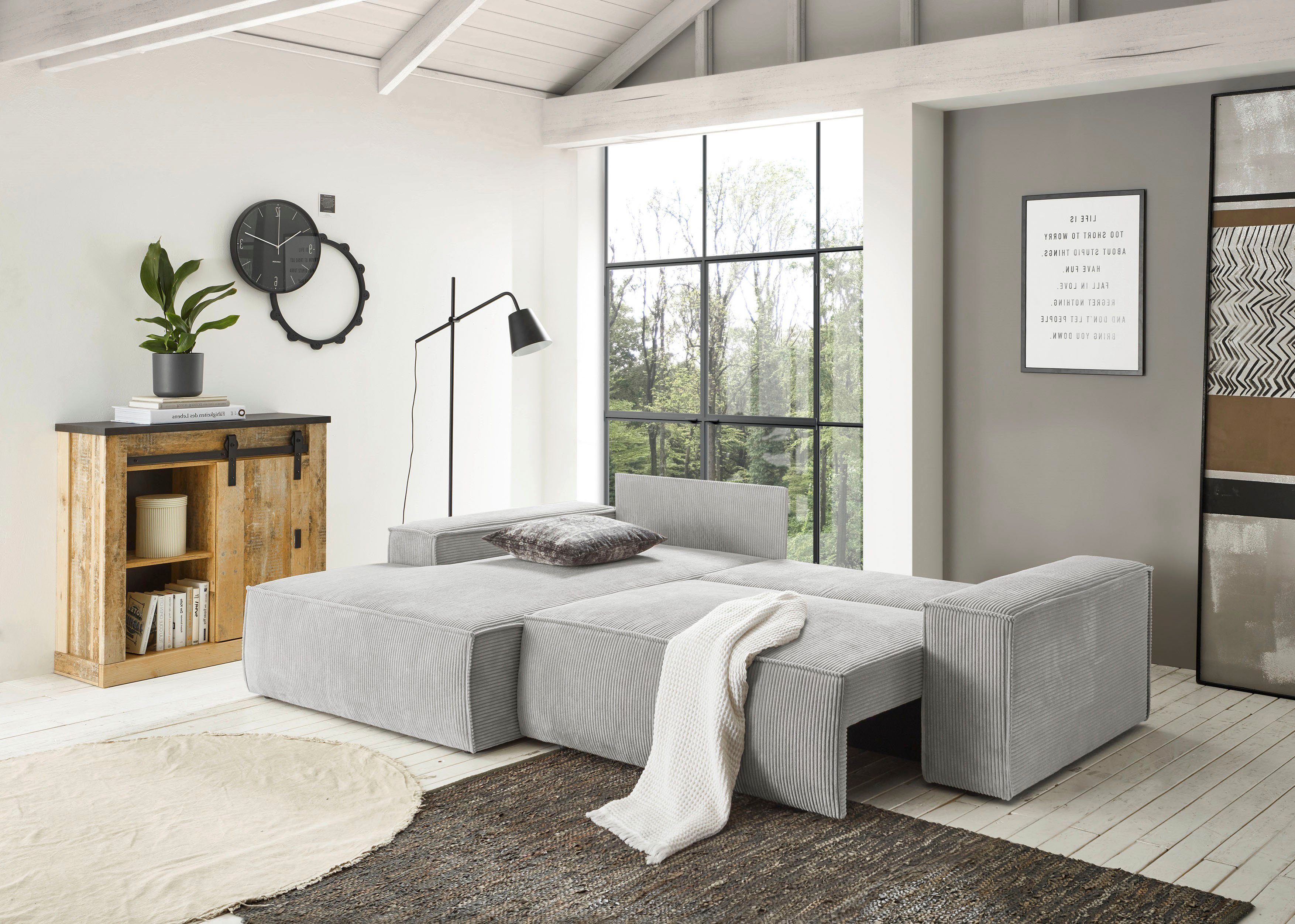 Home affaire Hoekbank SHERWOOD bedbank 267 cm, L-model, Slaapfunctie met bedlade (210x136 cm), cord, vintage, fluweel