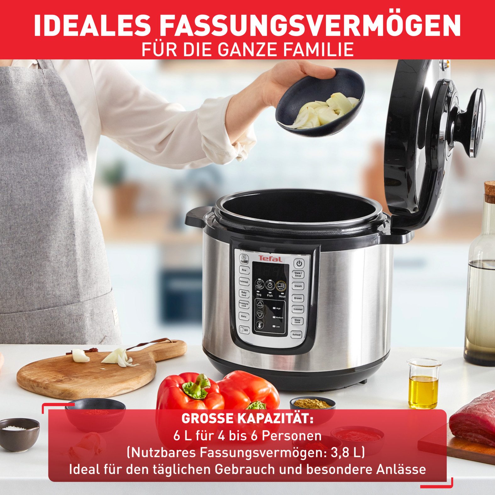 Tefal Multi-cooker CY505E Fast & Delicious elektrische snelkookpan, 25 programma’s, 6l capaciteit, inclusief receptenboek