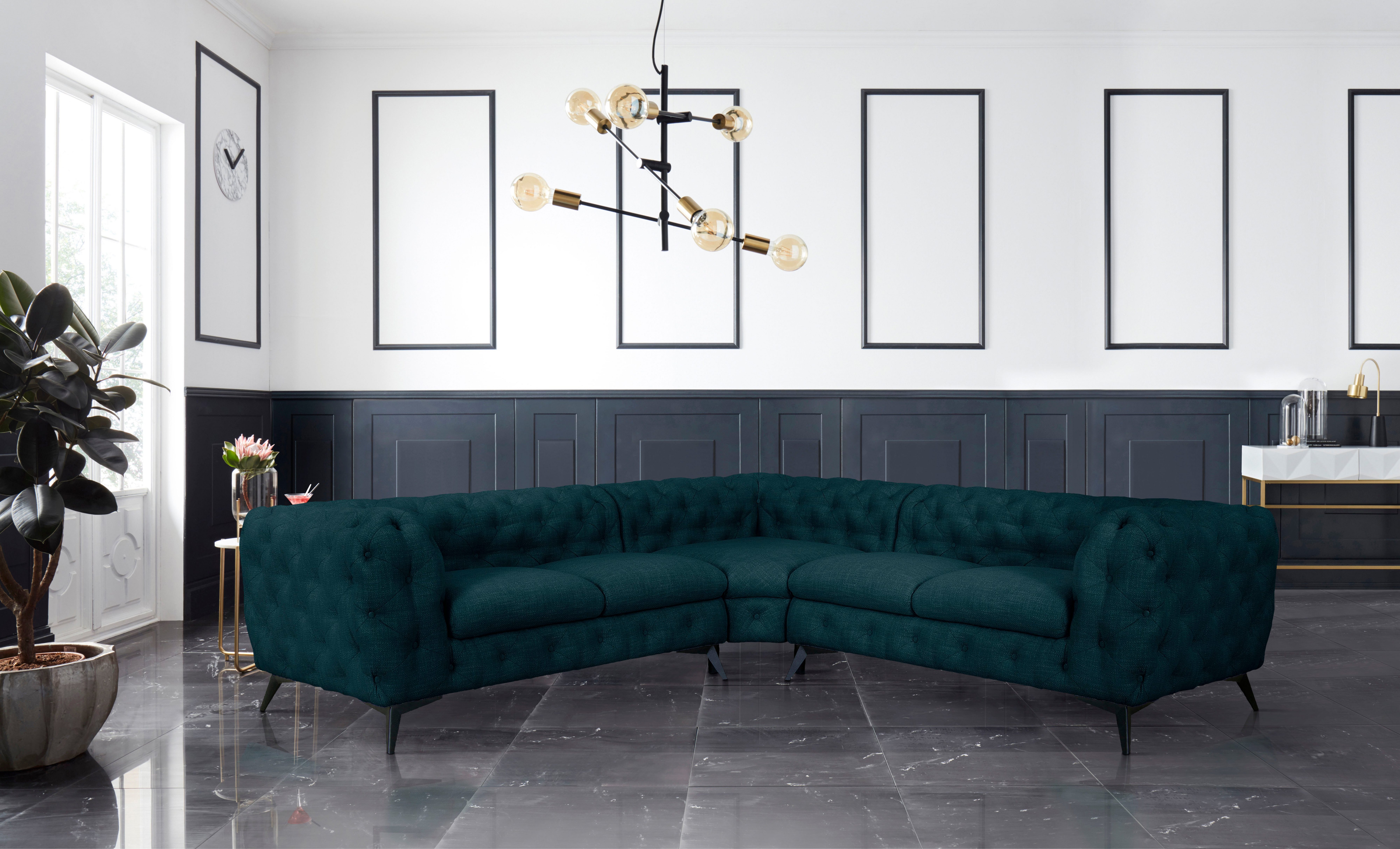 Leonique Chesterfield-bank Glynis L-vorm luxueuze capitonnage, moderne chesterfield look, kleur van de poten ter keuze
