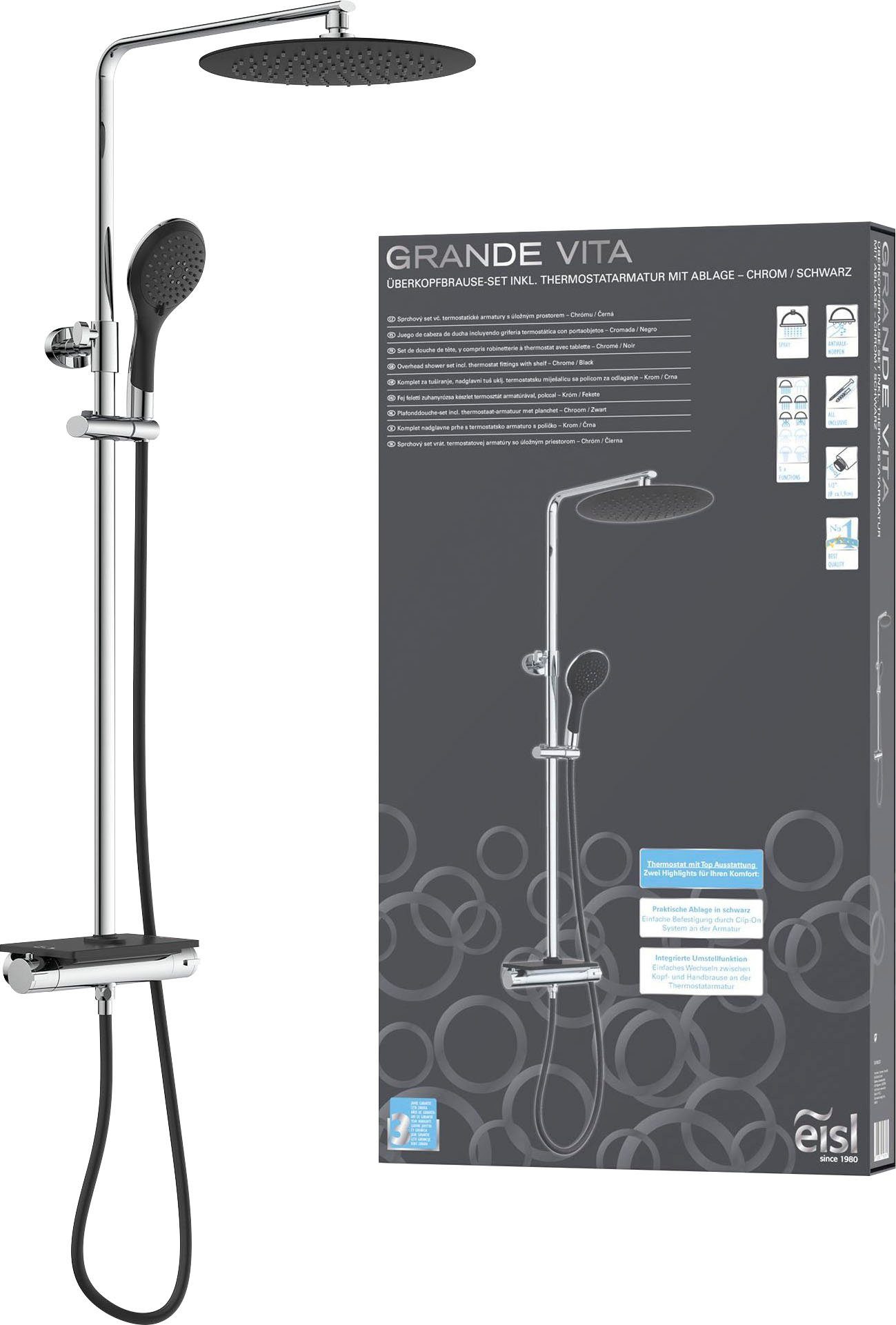 Eisl Slang en handdouche Grande cv Douchesysteem met thermostaat en planchet, regendouche met wandhouder
