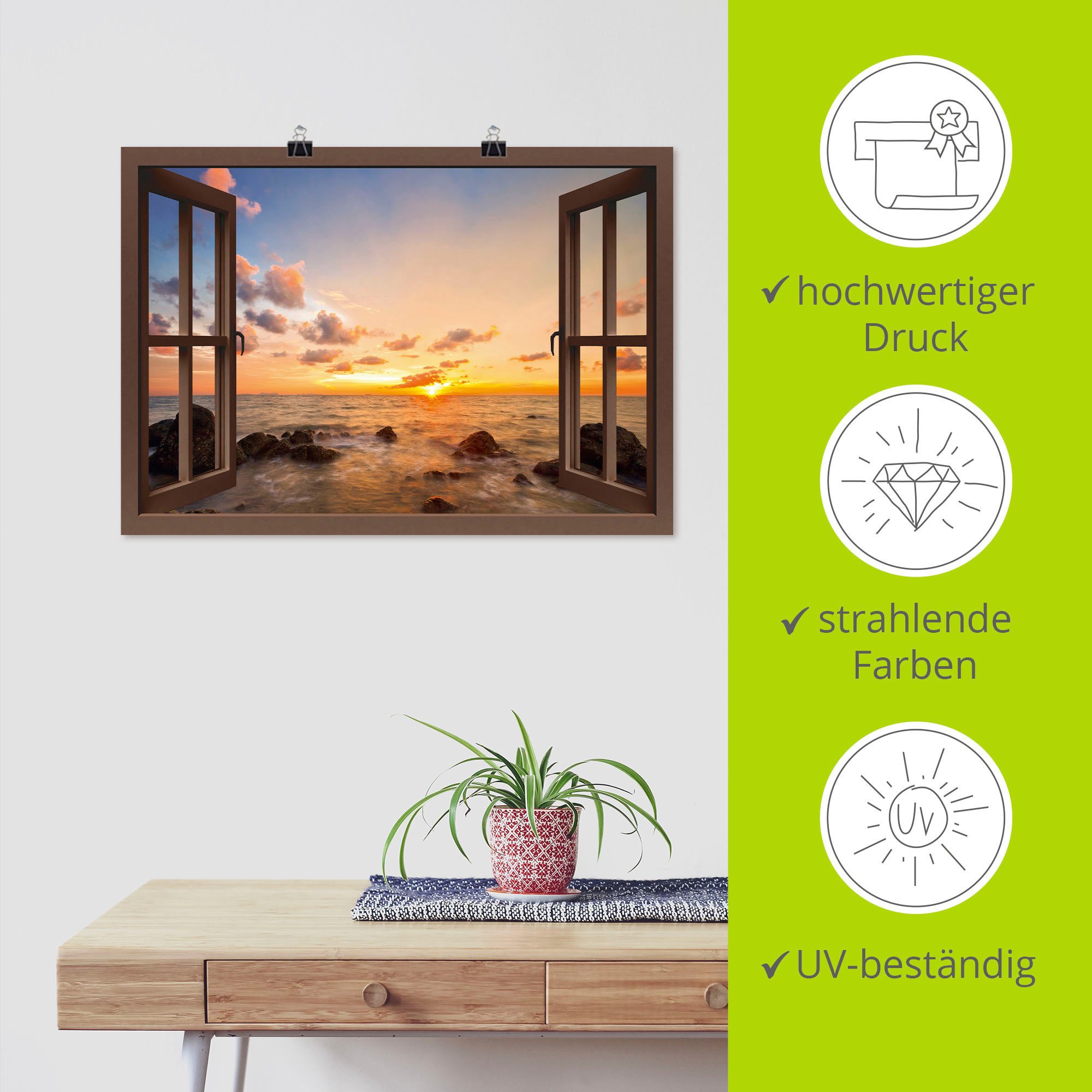 Artland Artprint Blik uit het venster zonsondergang aan zee als artprint van aluminium, artprint voor buiten, artprint op linnen, poster, muursticker