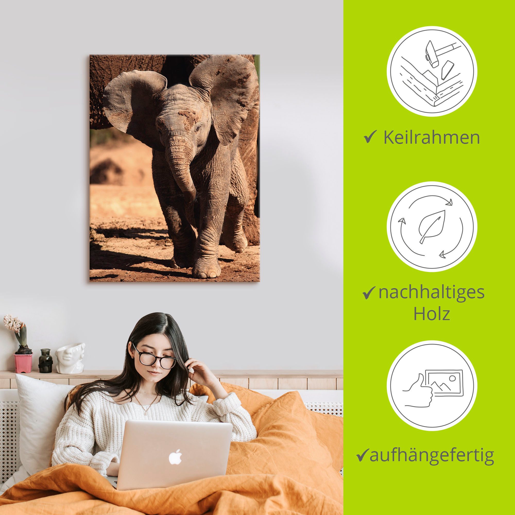 Artland Artprint op linnen Olifantenbaby gespannen op een spieraam